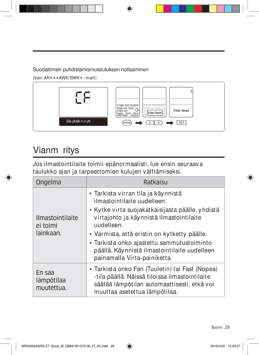 Samsung AR09HSFNBWKNET, AR12HSFNBWKNET, AR09HSFSBWKNET manual Vianmääritys, Suodattimen puhdistamismuistutuksen nollaaminen 