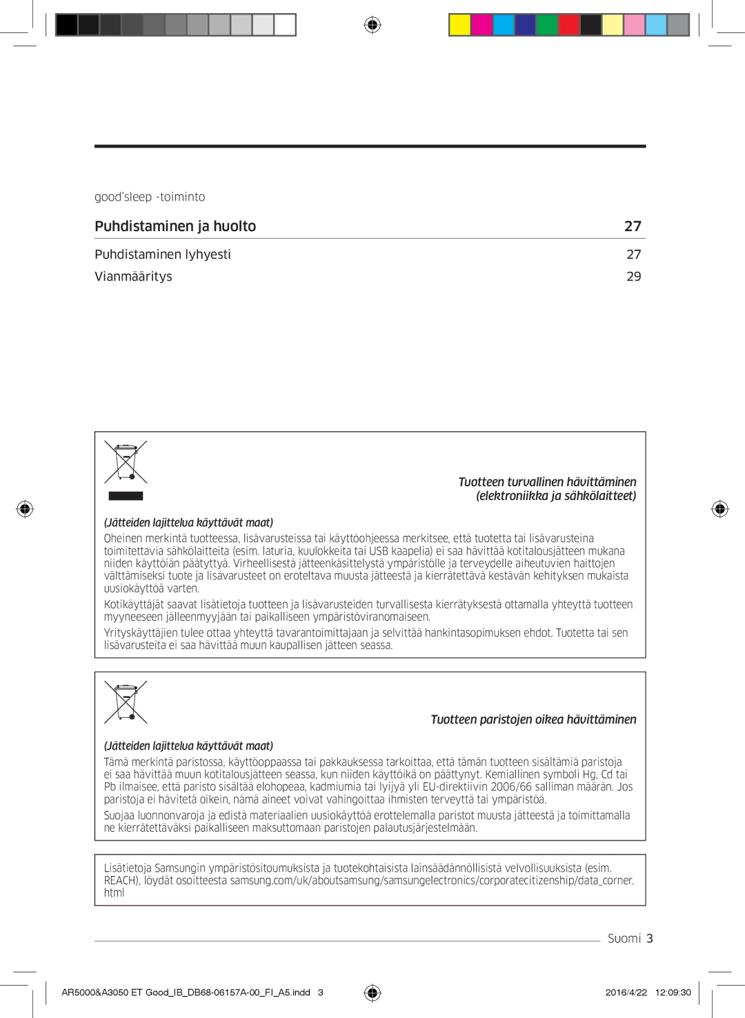 Samsung AR12HSFSAWKNET, AR09HSFNBWKNET, AR12HSFNBWKNET, AR09HSFSBWKNET, AR07HSFNBWKNEU, AR07HSFSAWKNEU Puhdistaminen ja huolto 