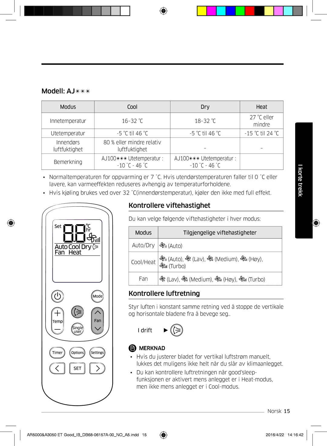 Samsung AR12HSFSAWKNET, AR09HSFNBWKNET, AR12HSFNBWKNET Modell AJ, Kontrollere viftehastighet, Kontrollere luftretning 