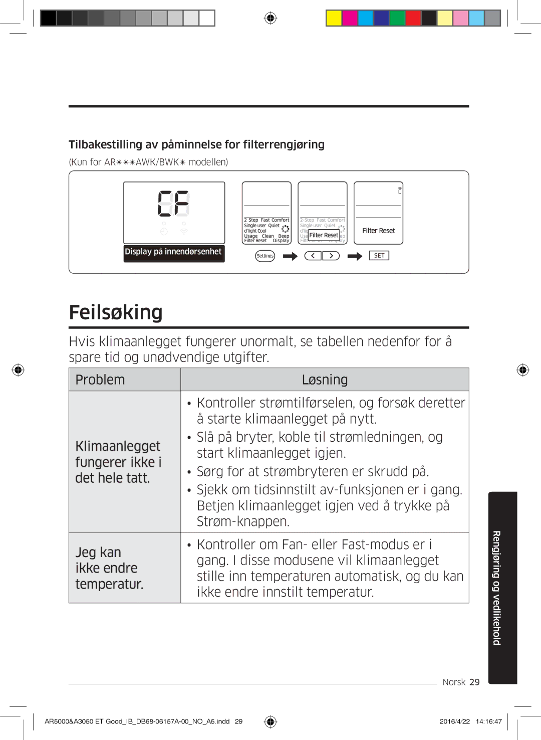 Samsung AR09HSFNBWKNET, AR12HSFNBWKNET, AR09HSFSBWKNET manual Feilsøking, Tilbakestilling av påminnelse for filterrengjøring 