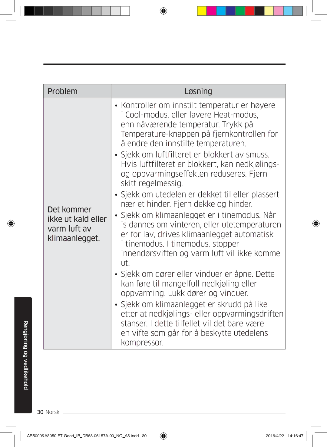 Samsung AR12HSFNBWKNET, AR09HSFNBWKNET, AR09HSFSBWKNET, AR07HSFNBWKNEU, AR12HSFSAWKNET manual Rengjøring og vedlikehold 