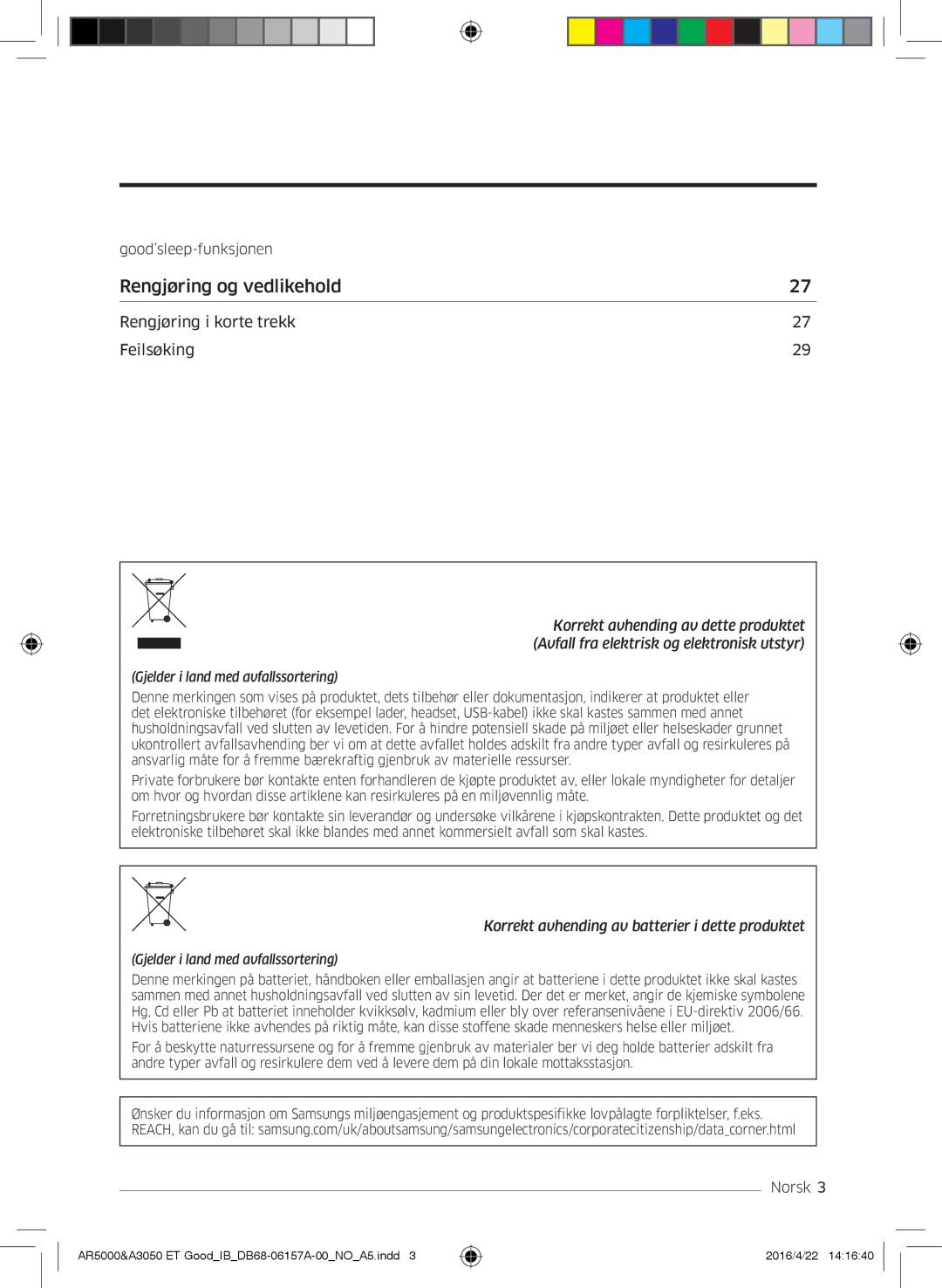 Samsung AR12HSFSAWKNET, AR09HSFNBWKNET, AR12HSFNBWKNET, AR09HSFSBWKNET, AR07HSFNBWKNEU manual Rengjøring og vedlikehold 