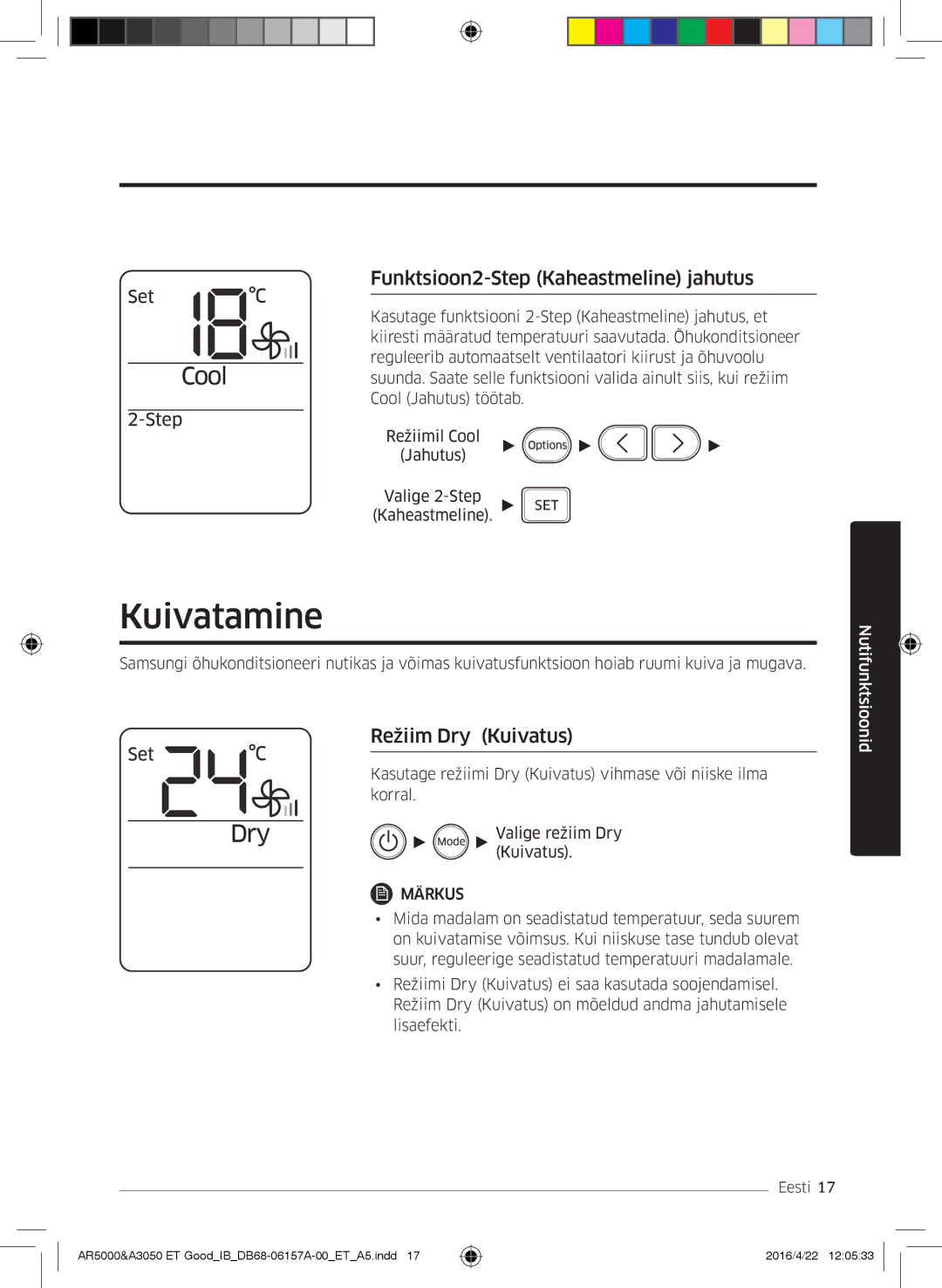 Samsung AR12HSFNCWKNZE, AR09HSFNBWKNET manual Kuivatamine, Funktsioon2-Step Kaheastmeline jahutus, Režiim Dry Kuivatus 