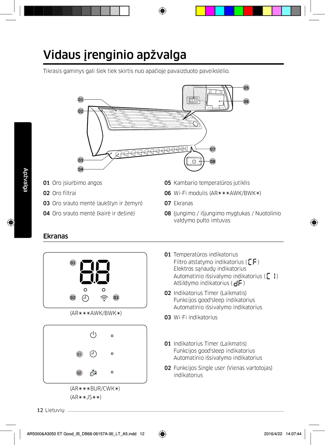 Samsung AR12HSFNBWKNET, AR09HSFNBWKNET, AR09HSFSBWKNET, AR07HSFNBWKNEU, AR12HSFSAWKNET Vidaus įrenginio apžvalga, Ekranas 