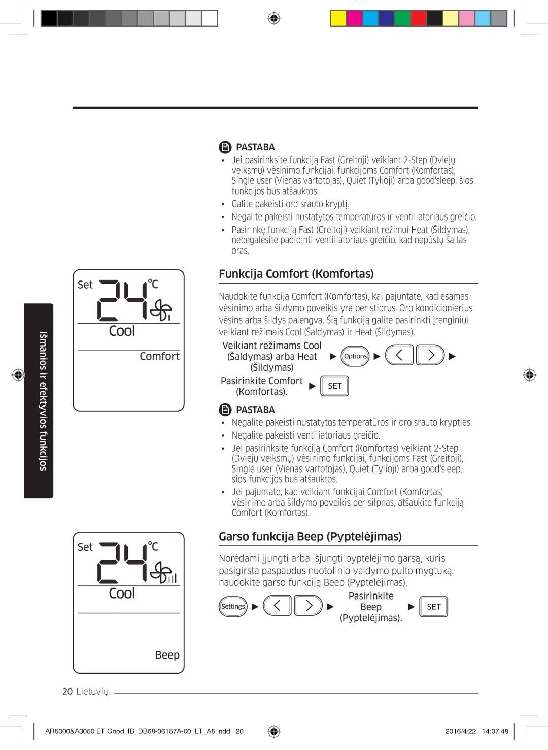 Samsung AR09HSFSBWKNZE, AR09HSFNBWKNET, AR12HSFNBWKNET manual Funkcija Comfort Komfortas, Garso funkcija Beep Pyptelėjimas 