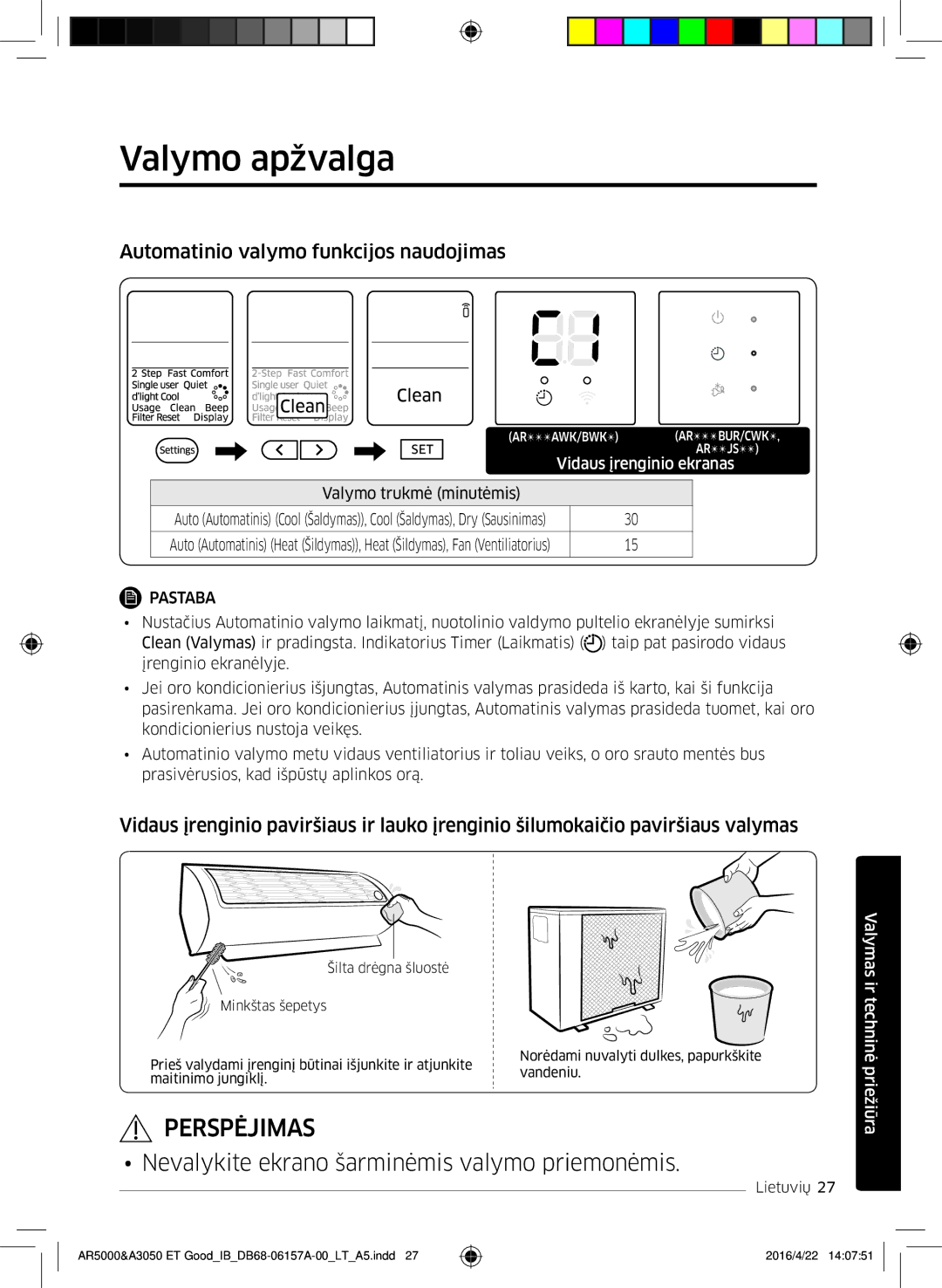 Samsung AR12HSFSAWKNET, AR09HSFNBWKNET, AR12HSFNBWKNET manual Valymo apžvalga, Automatinio valymo funkcijos naudojimas 