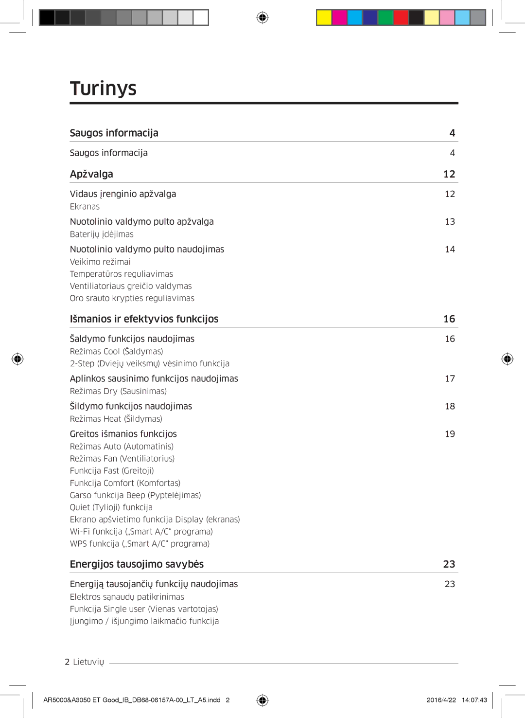 Samsung AR07HSFNBWKNEU, AR09HSFNBWKNET, AR12HSFNBWKNET, AR09HSFSBWKNET, AR12HSFSAWKNET, AR07HSFSAWKNEU manual Turinys, Apžvalga 