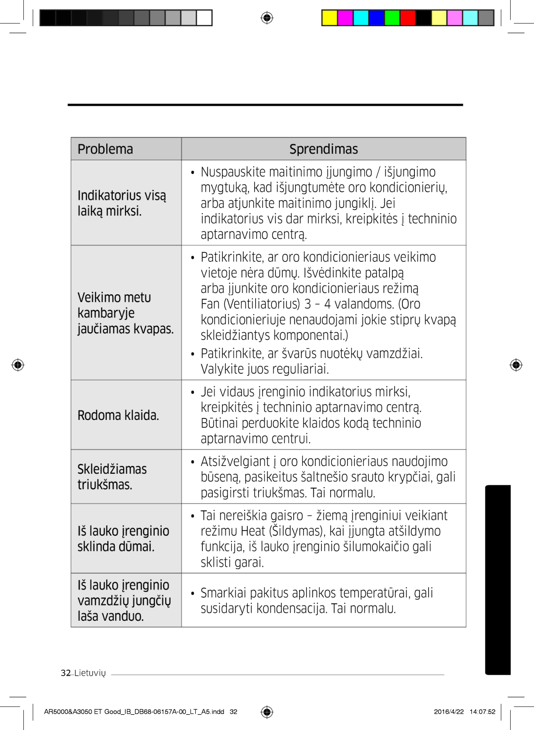 Samsung AR09HSFSBWKNZE, AR09HSFNBWKNET, AR12HSFNBWKNET, AR09HSFSBWKNET, AR07HSFNBWKNEU manual Valymas ir techninė priežiūra 