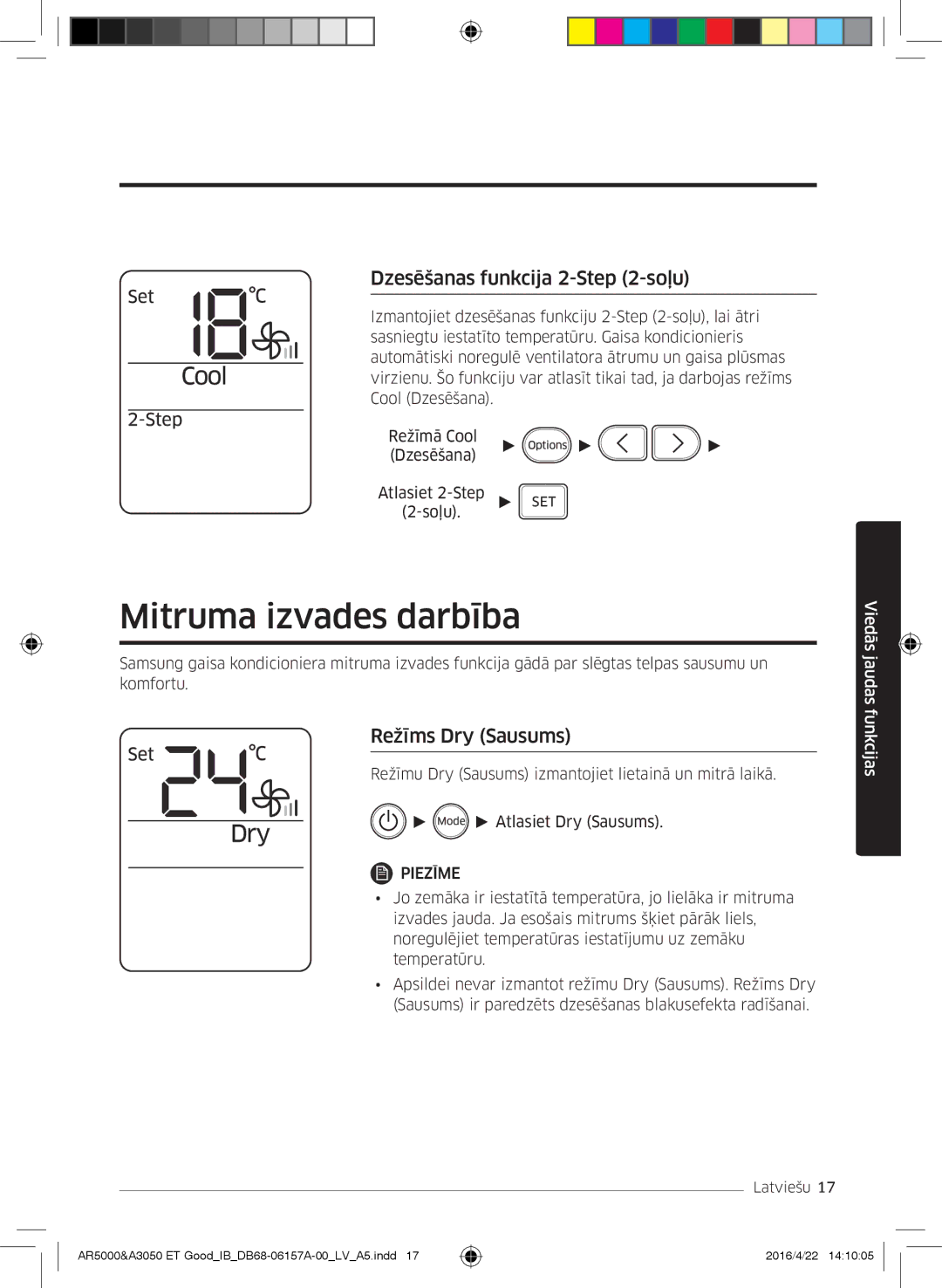 Samsung AR12HSFNCWKNZE, AR09HSFNBWKNET manual Mitruma izvades darbība, Dzesēšanas funkcija 2- -soļu, Režīms Dry Sausums 