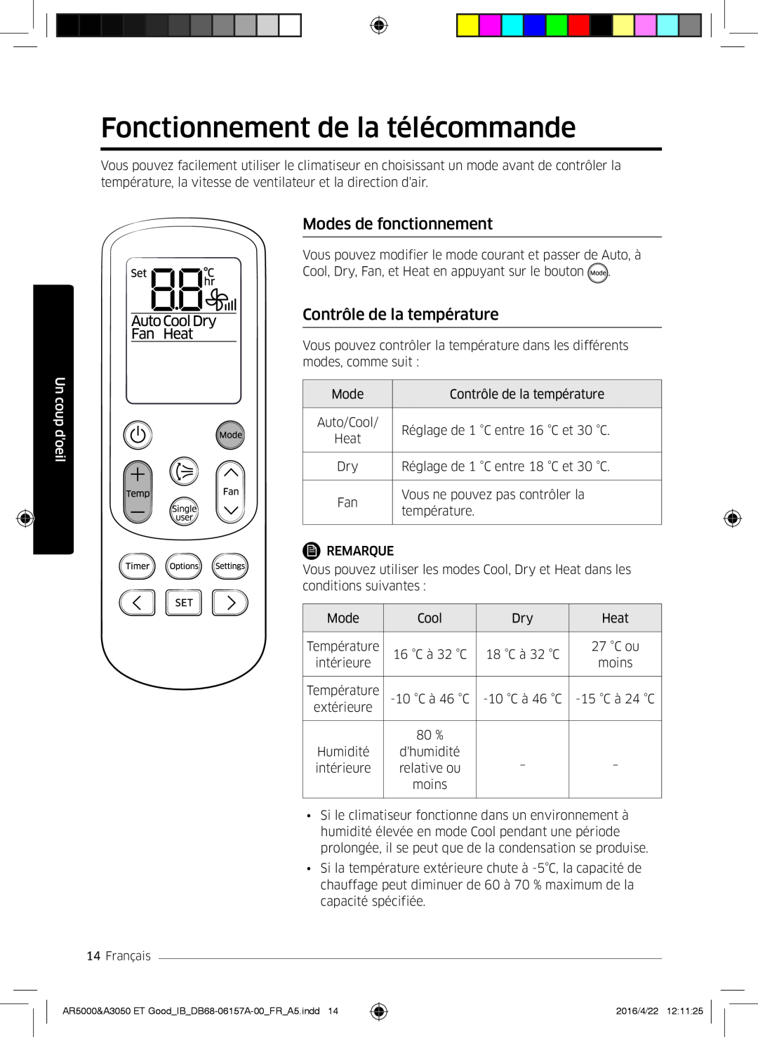 Samsung AR12HSFSAWKNET manual Fonctionnement de la télécommande, Modes de fonctionnement, Contrôle de la température 