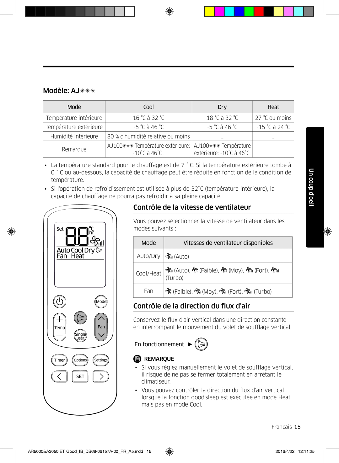 Samsung AR09HSFNCWKNET manual Modèle AJ, Contrôle de la vitesse de ventilateur, Contrôle de la direction du flux dair 