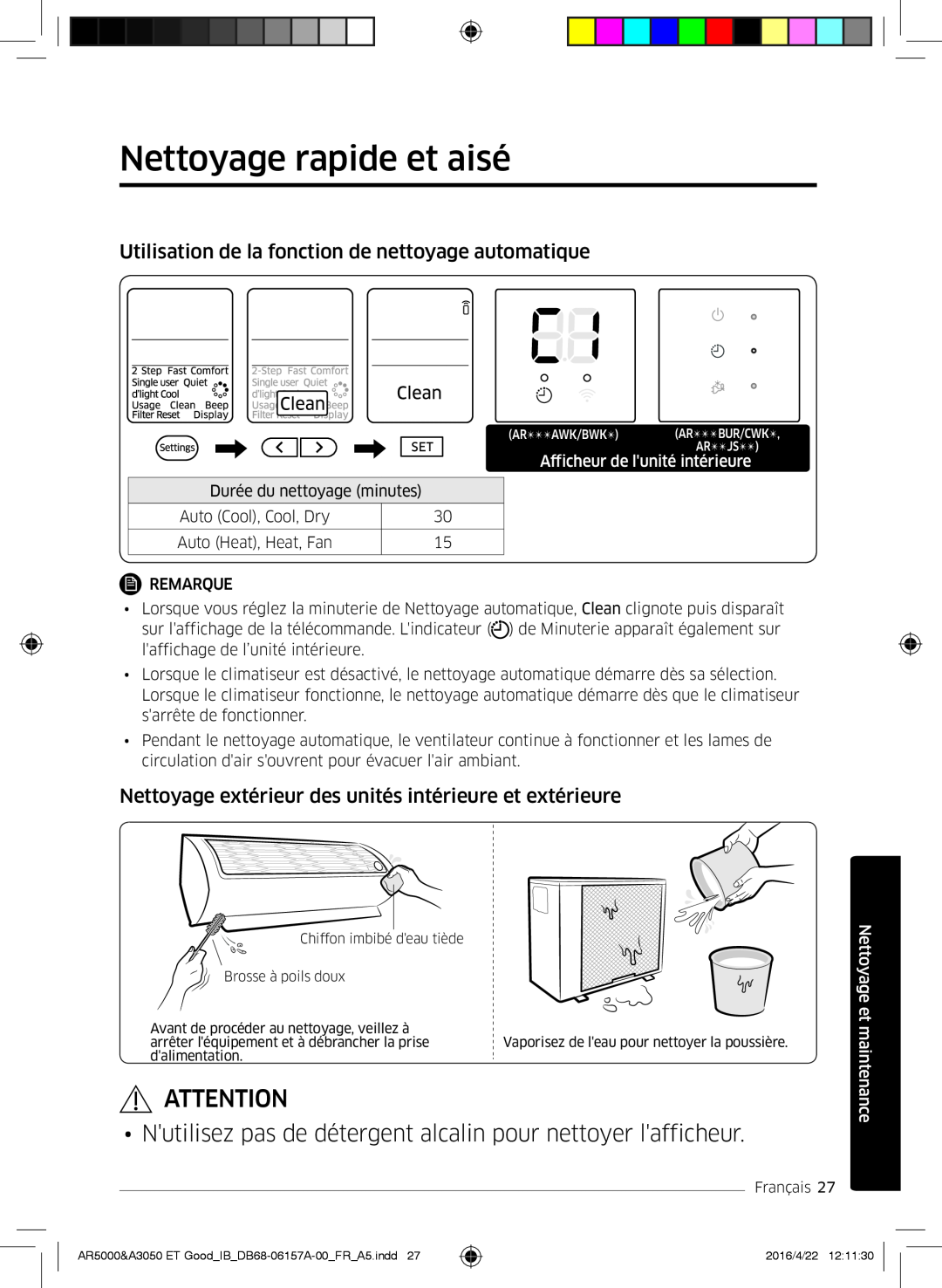 Samsung AR12HSFNCWKNET, AR09HSFNBWKNET manual Nettoyage rapide et aisé, Utilisation de la fonction de nettoyage automatique 
