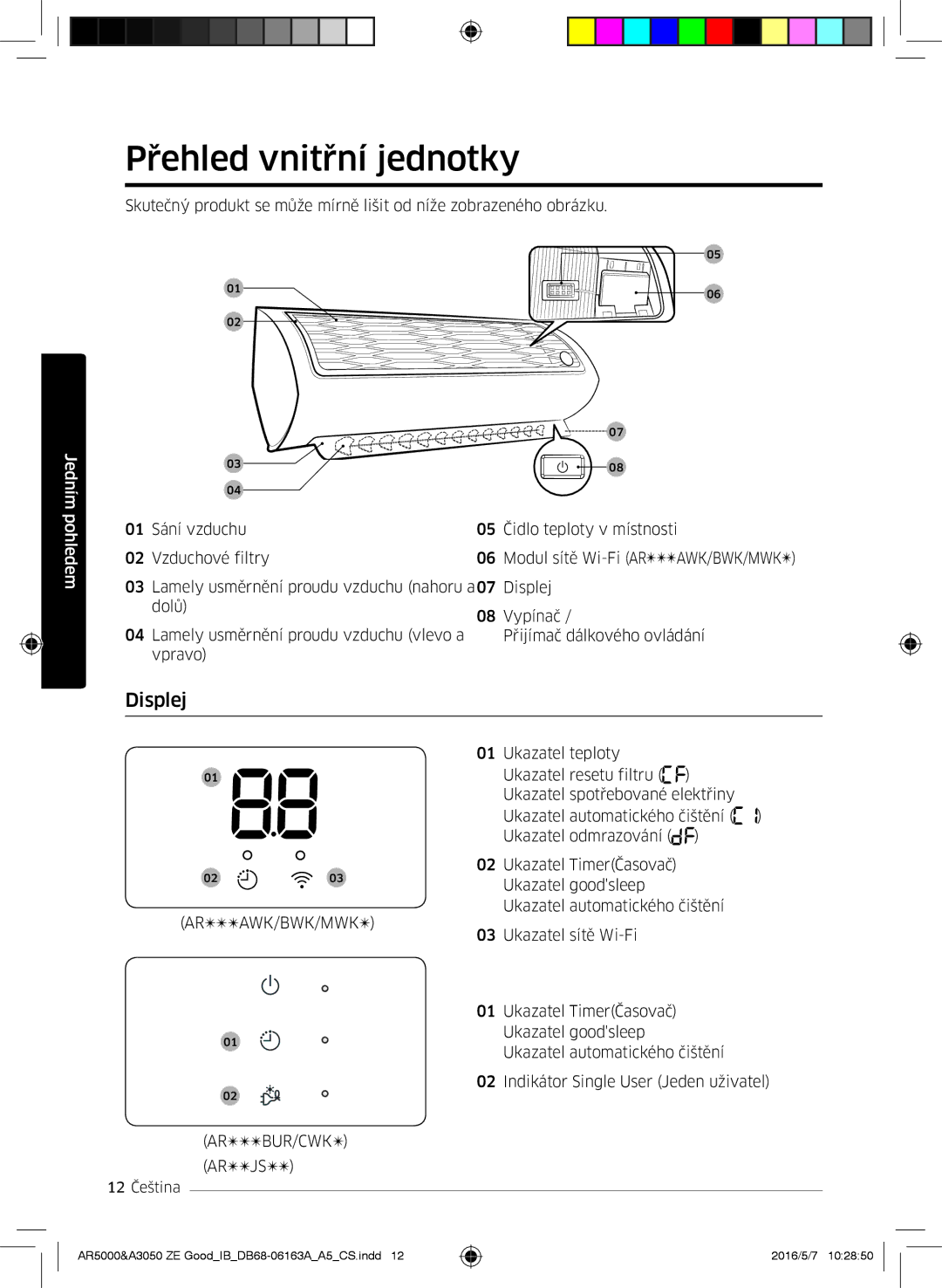 Samsung AR09HSFNBWKNET, AR12HSFNBWKNET, AR09HSFSBWKNET, AR09JSFNCWKNET, AR12JSFNCWKNET manual Přehled vnitřní jednotky, Displej 