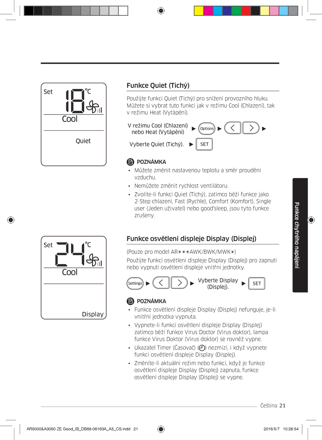 Samsung AR12HSFNMWKNZE, AR09HSFNBWKNET, AR12HSFNBWKNET manual Funkce Quiet Tichý, Funkce osvětlení displeje Display Displej 