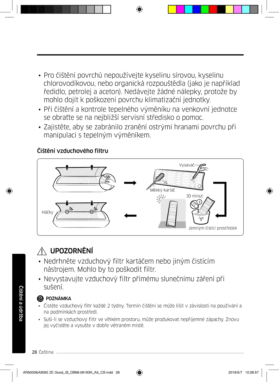 Samsung AR09JSFNCWKNET, AR09HSFNBWKNET, AR12HSFNBWKNET, AR09HSFSBWKNET, AR12JSFNCWKNET manual Čištění vzduchového filtru 