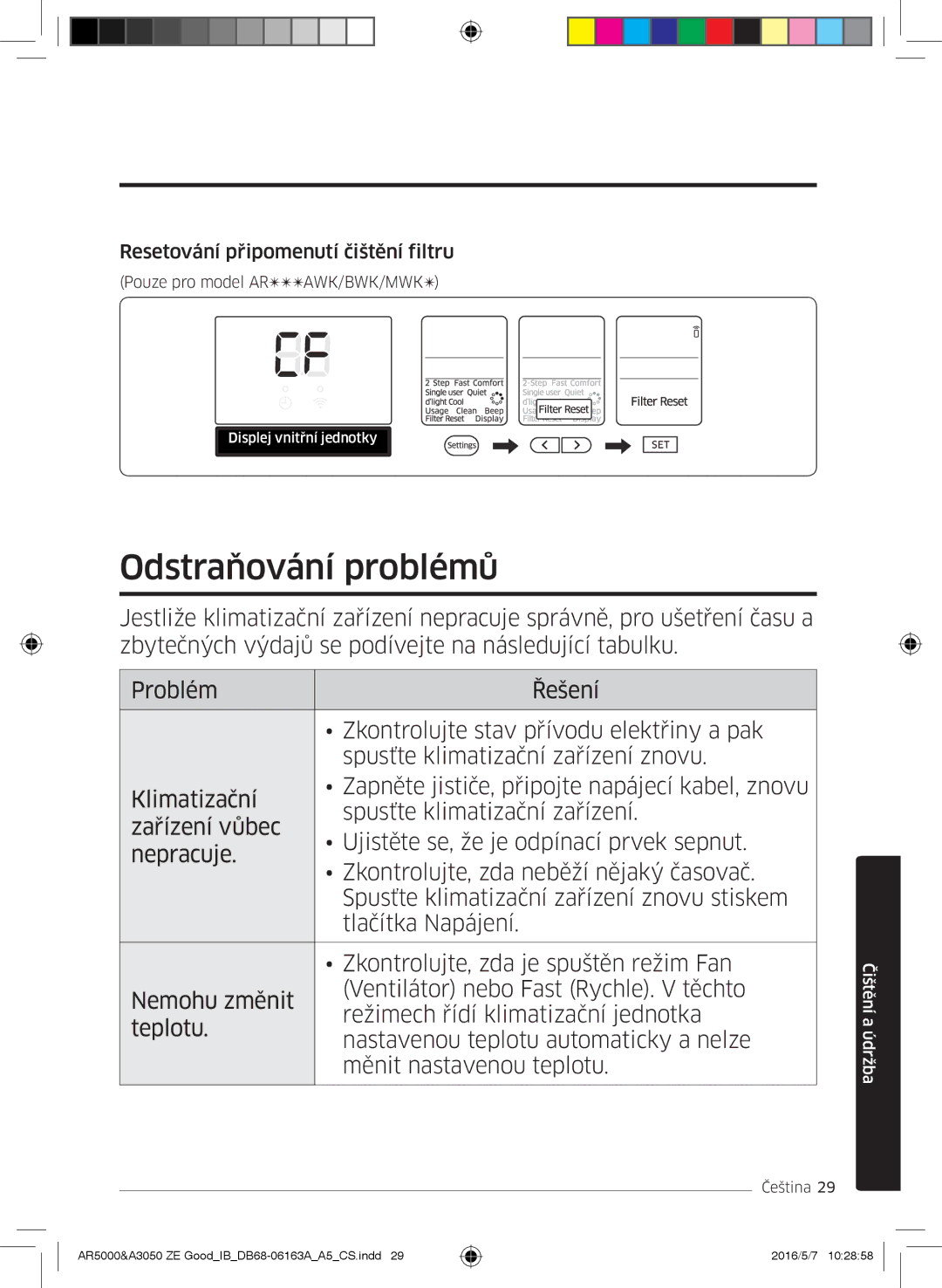 Samsung AR12JSFNCWKNET, AR09HSFNBWKNET, AR12HSFNBWKNET manual Odstraňování problémů, Resetování připomenutí čištění filtru 