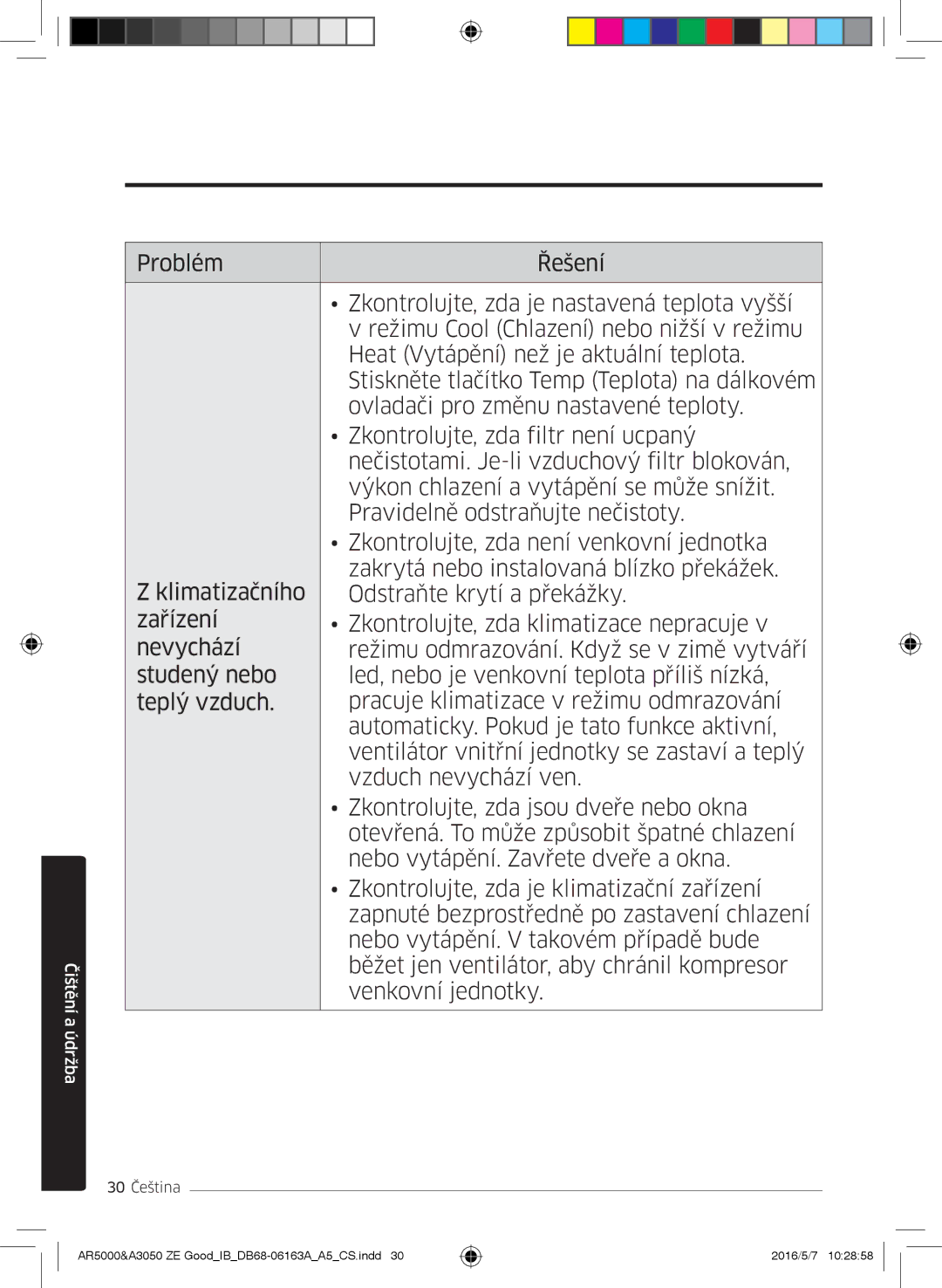 Samsung AR12HSFNCWKNZE, AR09HSFNBWKNET, AR12HSFNBWKNET, AR09HSFSBWKNET, AR09JSFNCWKNET, AR12JSFNCWKNET manual 30 Čeština 