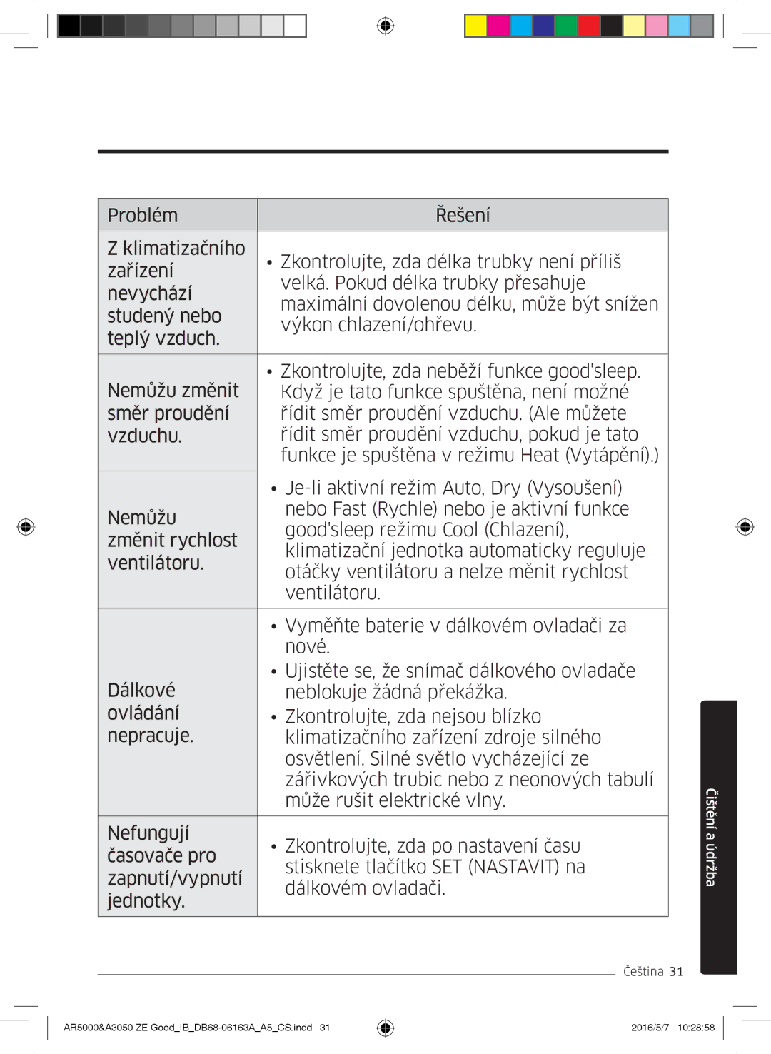 Samsung AR09HSFNCWKNZE, AR09HSFNBWKNET, AR12HSFNBWKNET, AR09HSFSBWKNET, AR09JSFNCWKNET, AR12JSFNCWKNET manual Čištění a údržba 