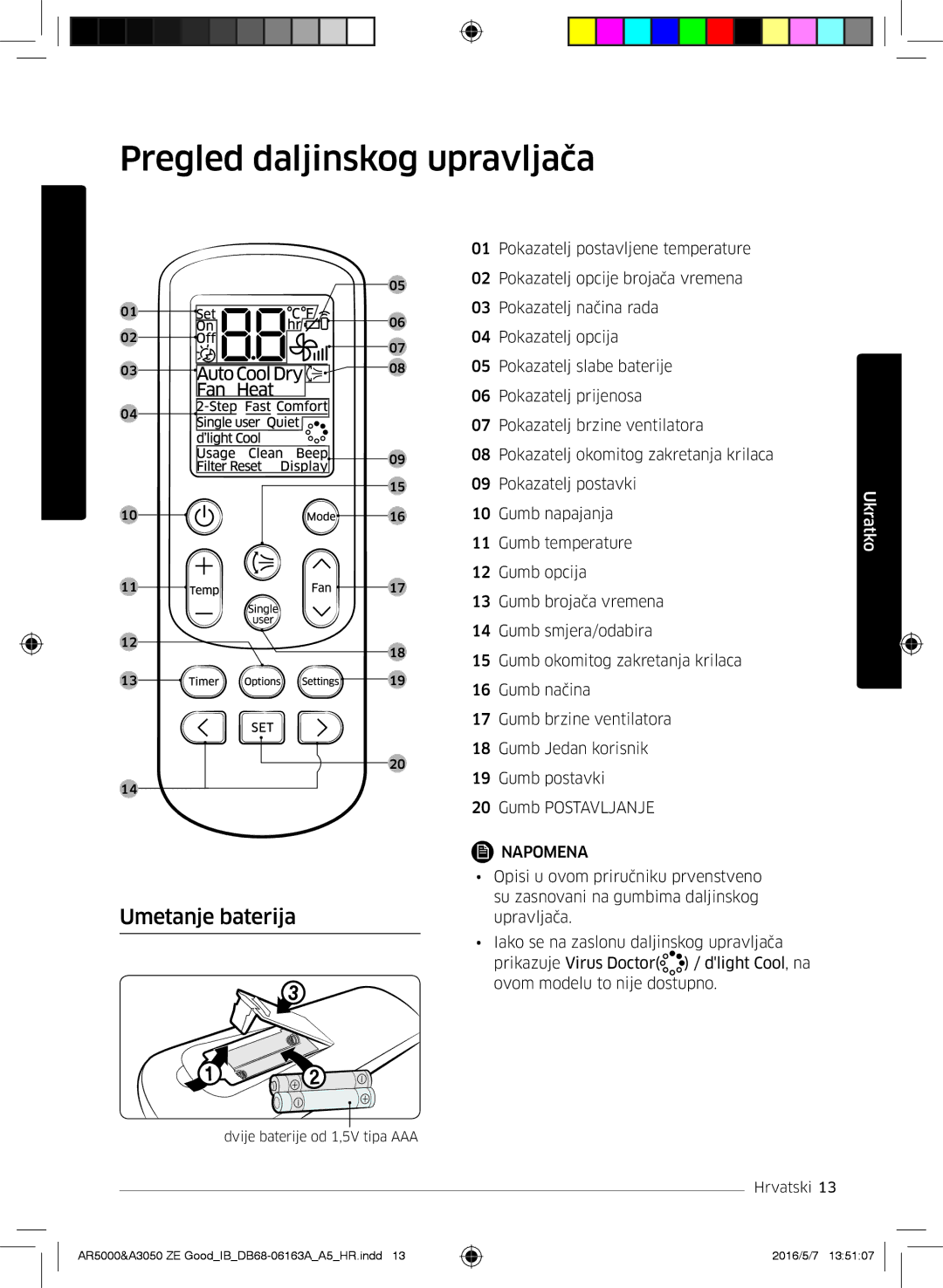 Samsung AR12HSFSAWKNZE, AR09HSFNBWKNET, AR12HSFNBWKNET, AR09HSFSBWKNET manual Pregled daljinskog upravljača, Umetanje baterija 