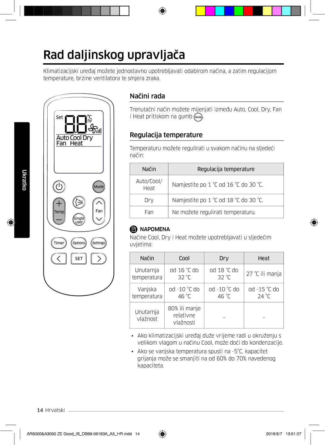 Samsung AR09HSFSBWKNZE, AR09HSFNBWKNET, AR12HSFNBWKNET manual Rad daljinskog upravljača, Načini rada, Regulacija temperature 