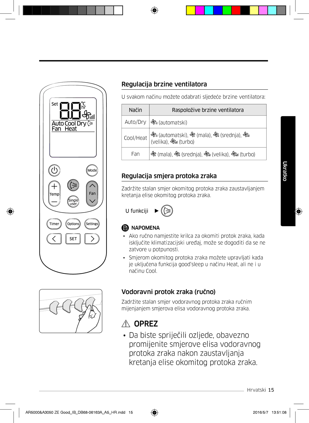 Samsung AR12HSFNMWKNZE manual Regulacija brzine ventilatora, Regulacija smjera protoka zraka, Vodoravni protok zraka ručno 