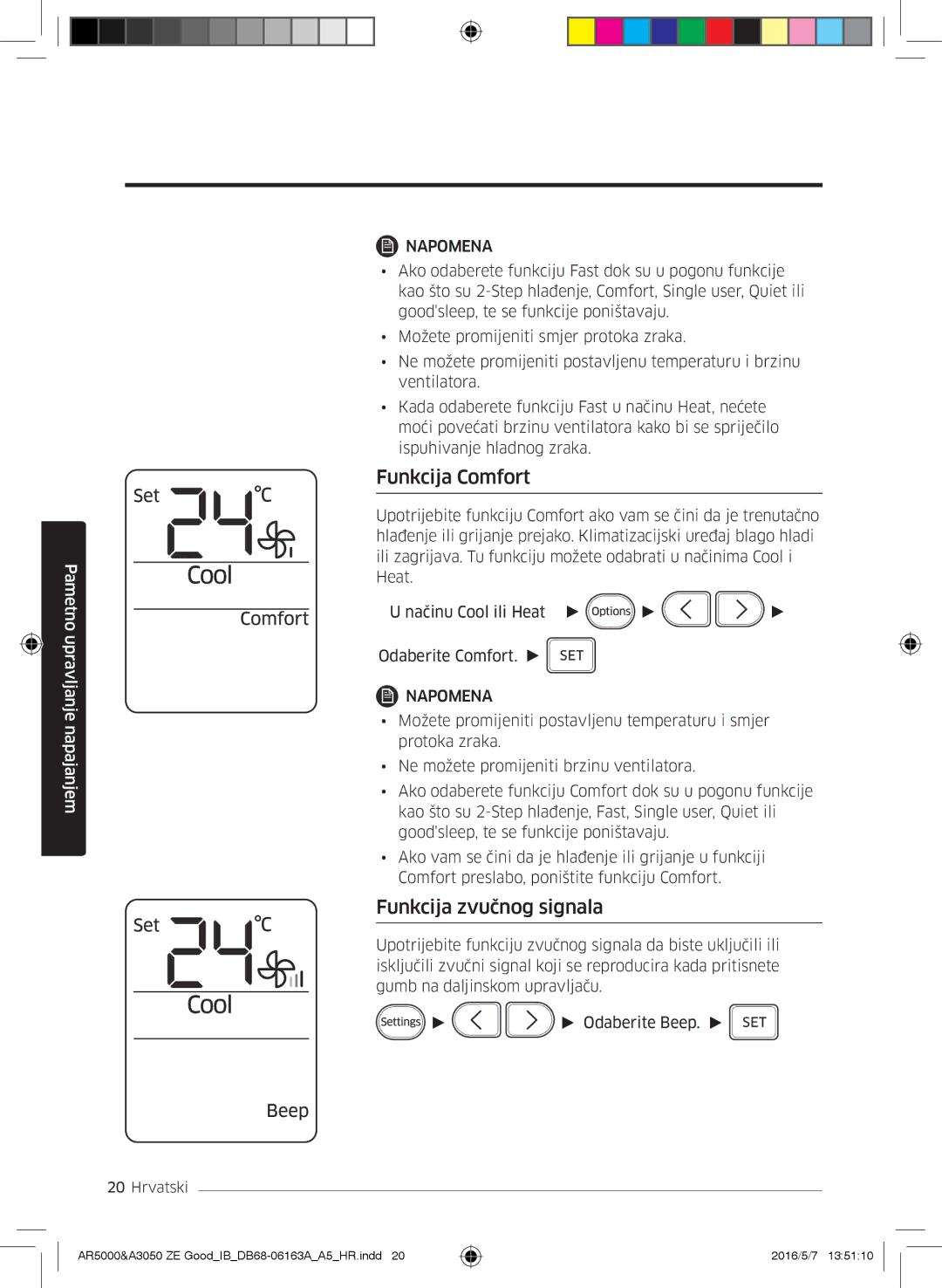 Samsung AR12HSFNCWKNZE, AR09HSFNBWKNET, AR12HSFNBWKNET, AR09HSFSBWKNET manual Funkcija Comfort, Funkcija zvučnog signala 