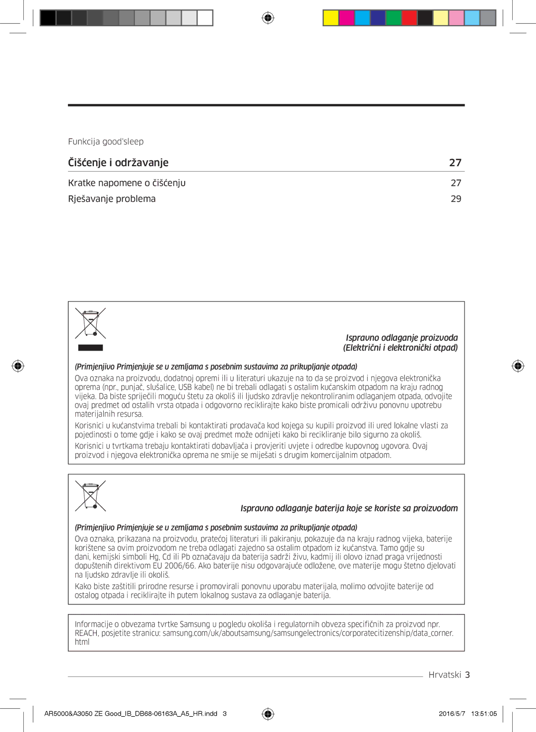 Samsung AR09HSFNCWKNZE, AR09HSFNBWKNET, AR12HSFNBWKNET, AR09HSFSBWKNET, AR12HSFNCWKNZE, AR12HSFSAWKNZE Čišćenje i održavanje 