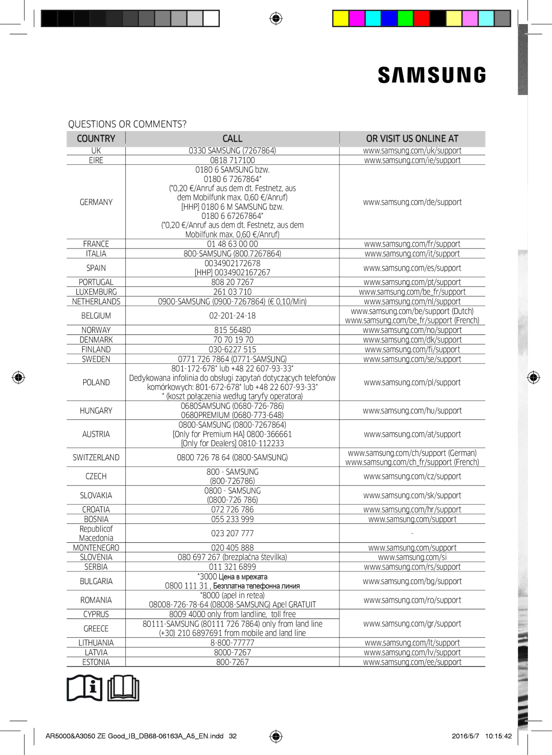 Samsung AR12HSFNBWKNET, AR09HSFNBWKNET, AR09HSFSBWKNET manual Questions or COMMENTS? Country Call Or Visit US Online AT 