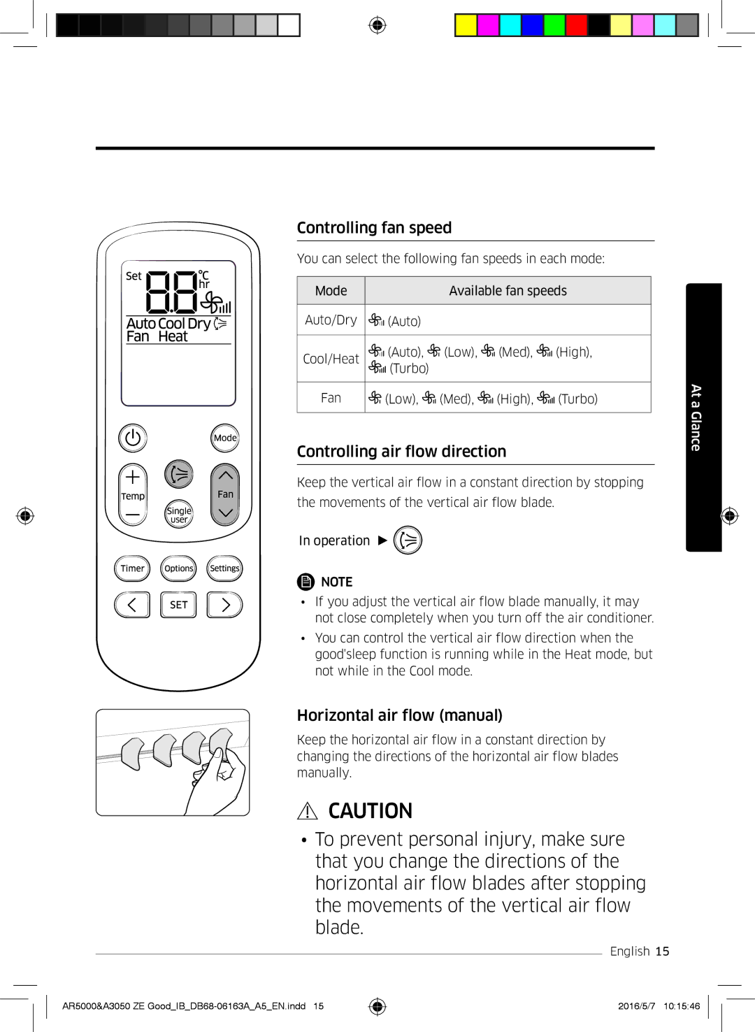 Samsung AR09HSFSBWKNET, AR09HSFNBWKNET Controlling fan speed, Controlling air flow direction, Horizontal air flow manual 