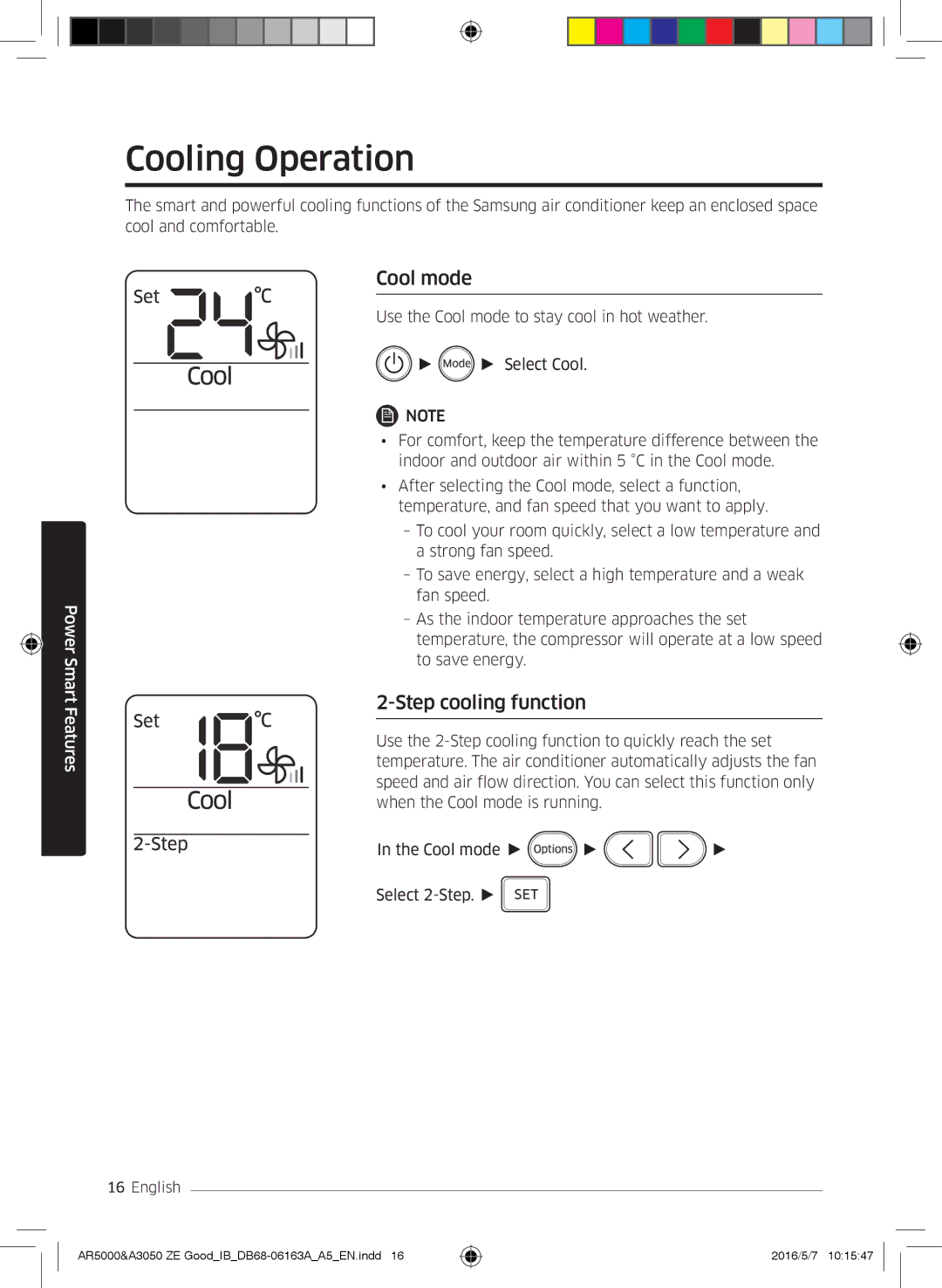 Samsung AR12HSFSAWKNET, AR09HSFNBWKNET, AR12HSFNBWKNET, AR09HSFSBWKNET Cooling Operation, Cool mode, Step cooling function 