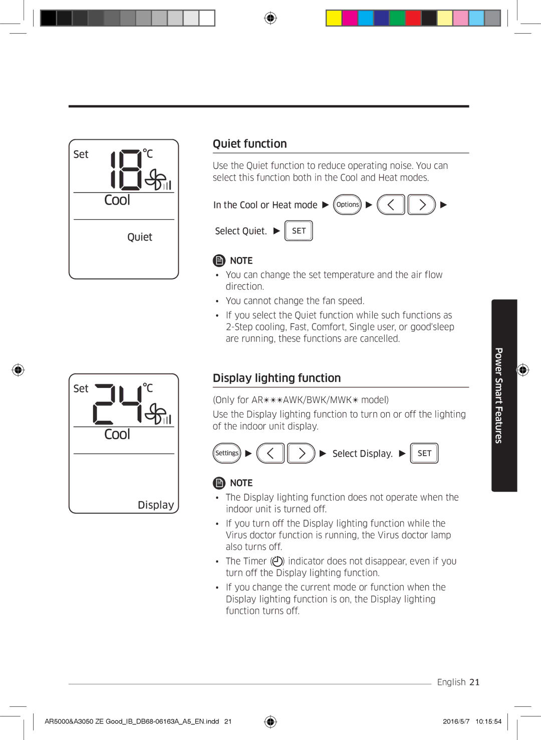 Samsung AR12HSFSAWKNZE, AR09HSFNBWKNET, AR12HSFNBWKNET, AR09HSFSBWKNET manual Quiet function, Display lighting function 