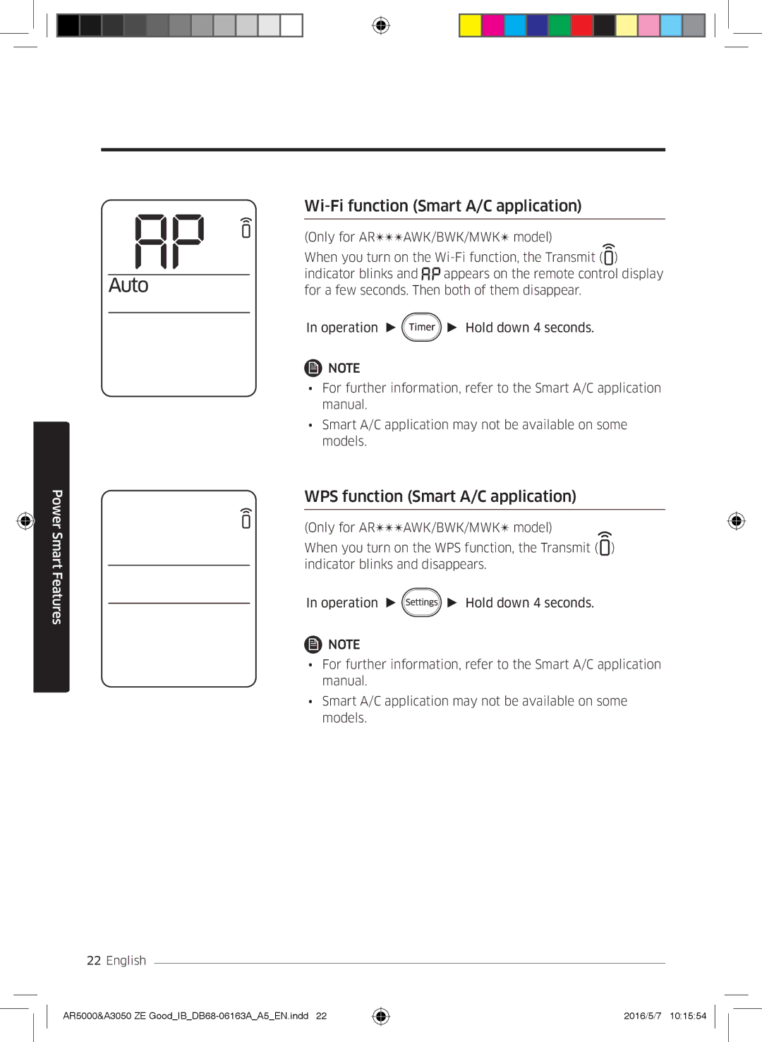 Samsung AR09HSFSBWKNZE, AR09HSFNBWKNET manual Wi-Fi function Smart A/C application, WPS function Smart A/C application 