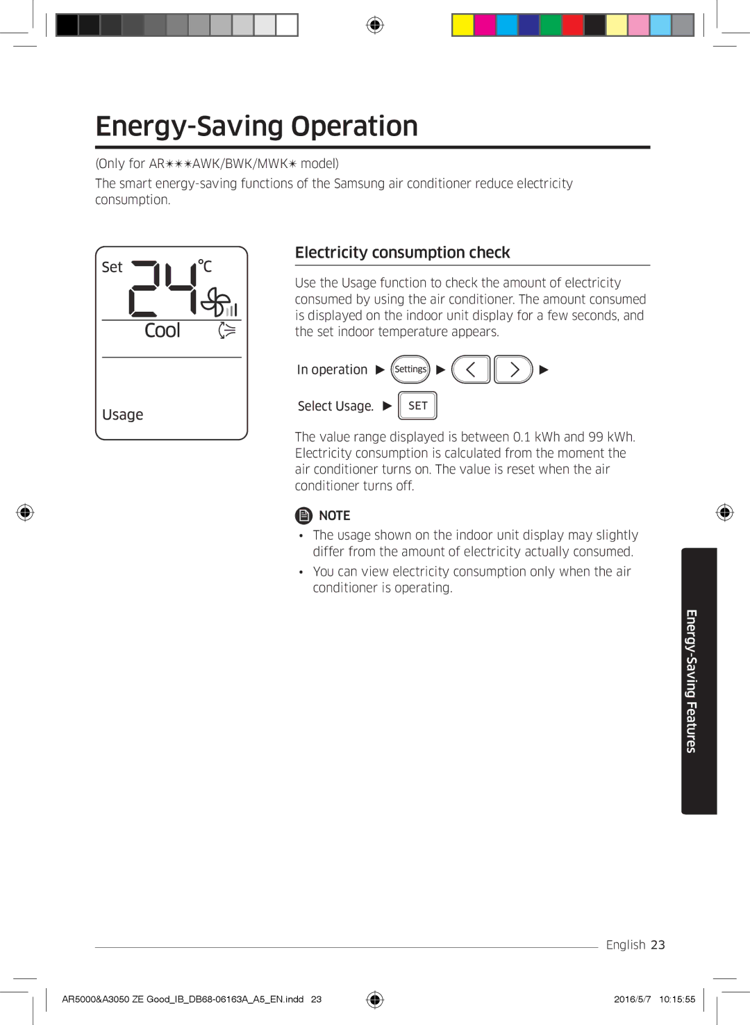 Samsung AR12HSFNMWKNZE, AR09HSFNBWKNET, AR12HSFNBWKNET manual Energy-Saving Operation, Electricity consumption check 