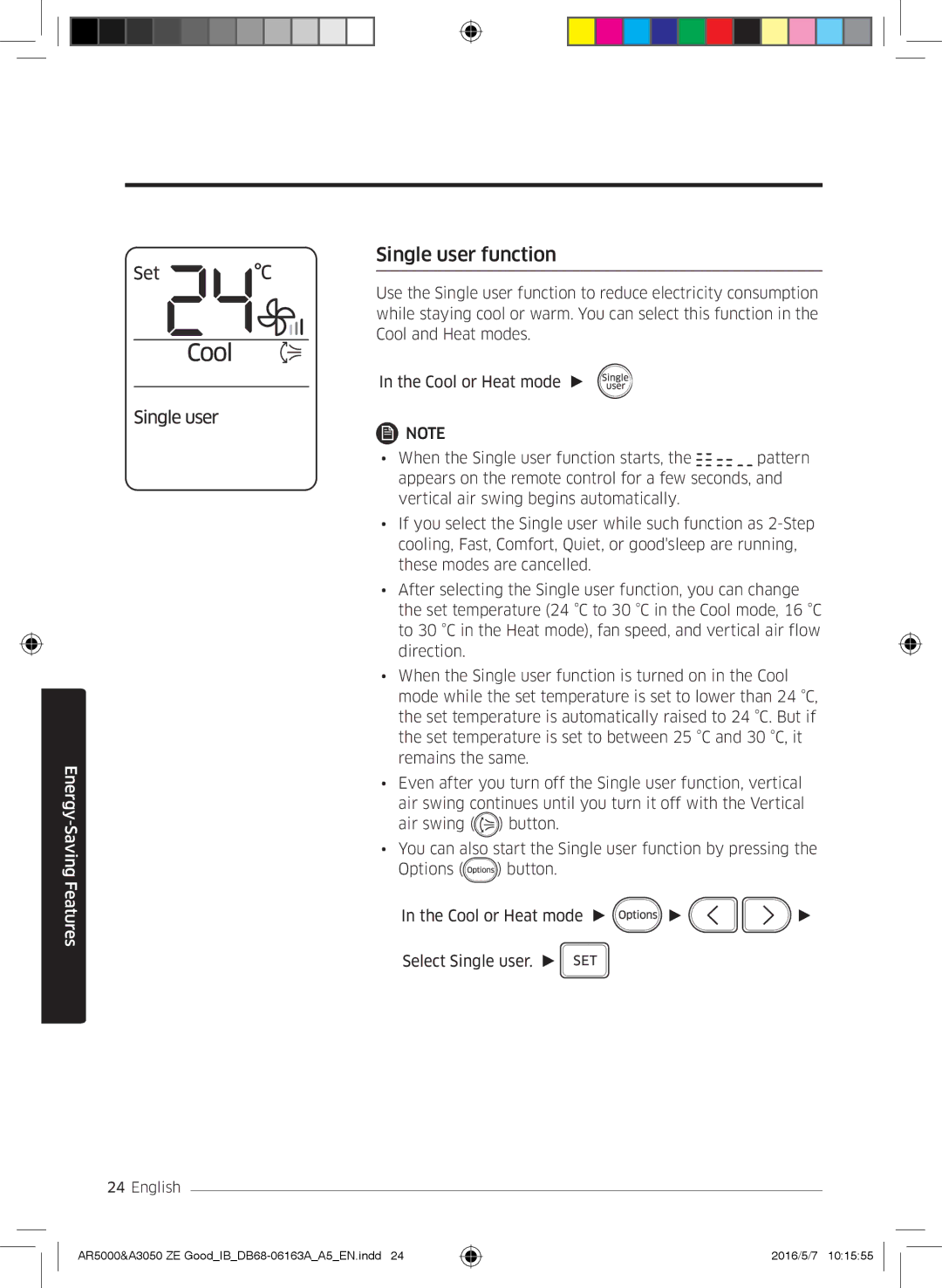 Samsung AR12JSFNCWKNZE, AR09HSFNBWKNET, AR12HSFNBWKNET, AR09HSFSBWKNET, AR12HSFSAWKNET, AR09JSFNCWKNET Single user function 