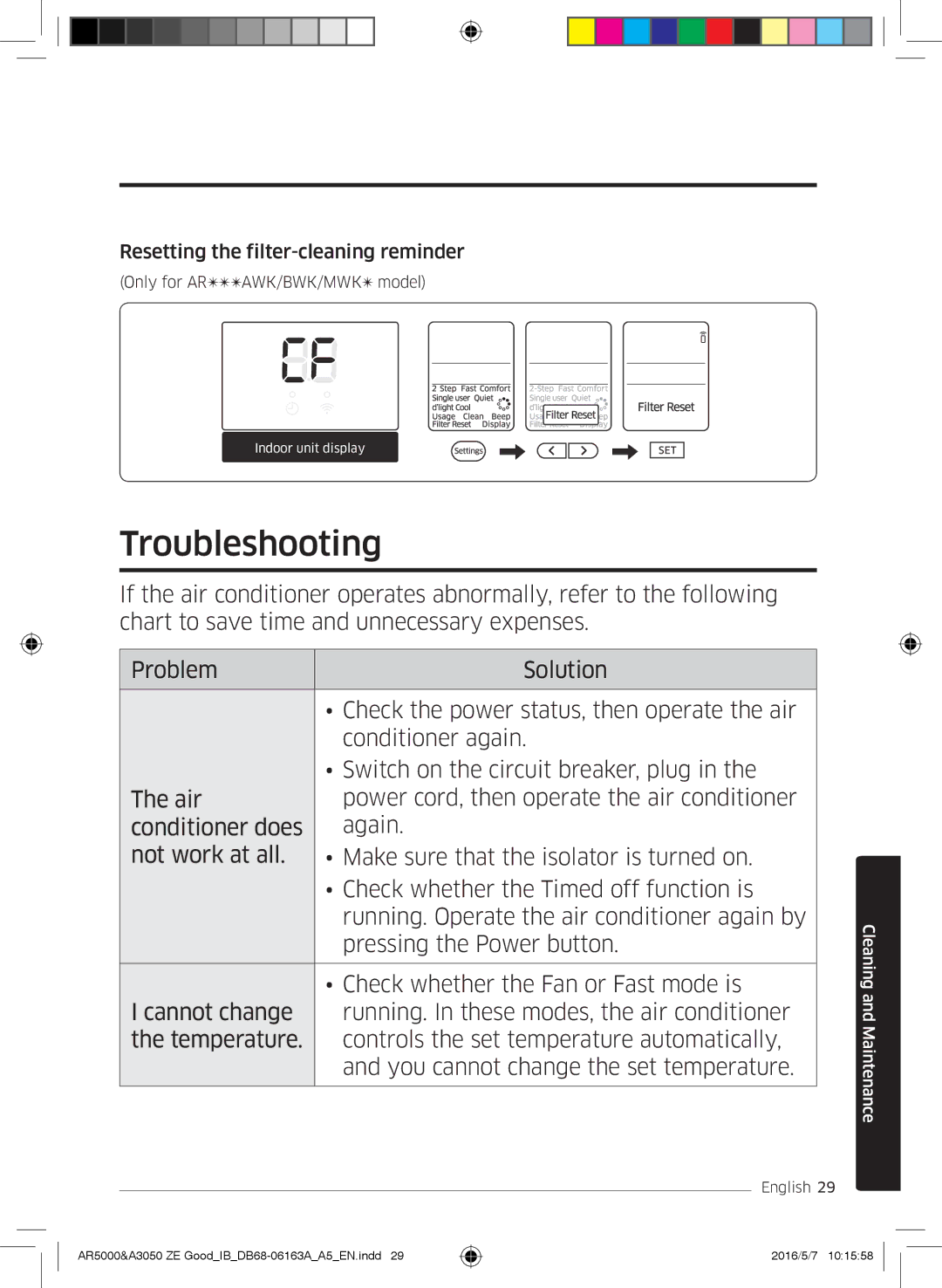 Samsung AR09HSFSBWKNET, AR09HSFNBWKNET, AR12HSFNBWKNET manual Troubleshooting, Resetting the filter-cleaning reminder 