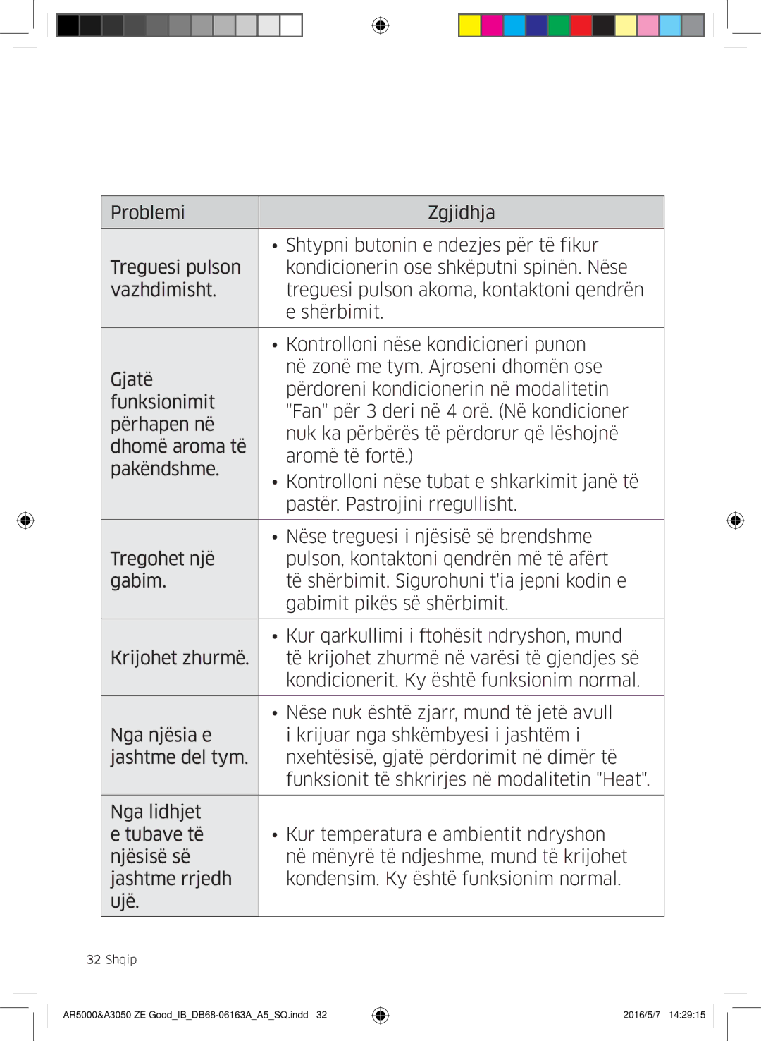 Samsung AR09HSFSBWKNZE, AR09HSFNBWKNET, AR12HSFNBWKNET, AR12HSFNCWKNZE, AR09HSFNCWKNZE manual Pastrimi dhe mirëmbajtja 