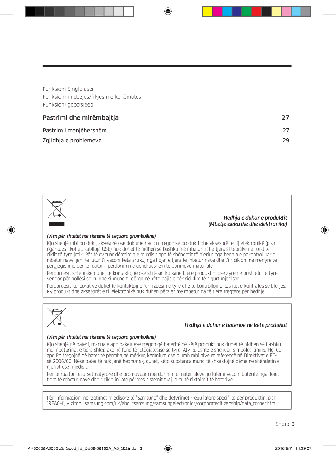 Samsung AR12HSFSAWKNZE, AR09HSFNBWKNET, AR12HSFNBWKNET, AR12HSFNCWKNZE, AR09HSFNCWKNZE manual Pastrimi dhe mirëmbajtja 