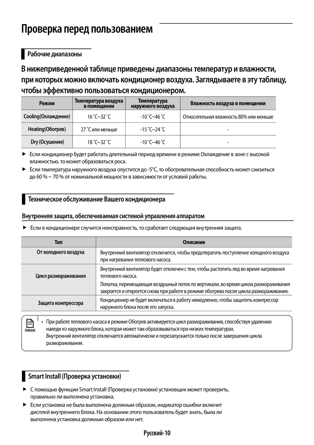 Samsung AR09HSFSRWKNER manual Проверка перед пользованием, Рабочие диапазоны, Smart Install Проверка установки, Русский-10 