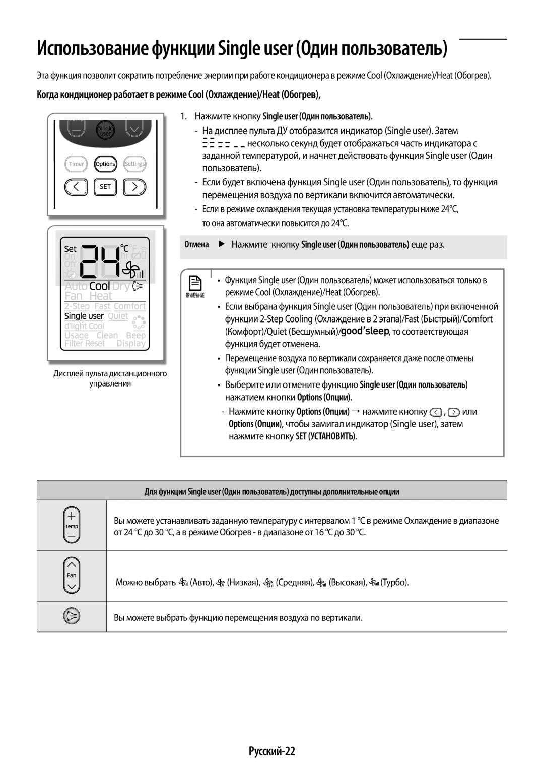 Samsung AR24HSFSRWKNER Русский-22, Нажмите кнопку Single user Один пользователь, То она автоматически повысится до 24C 