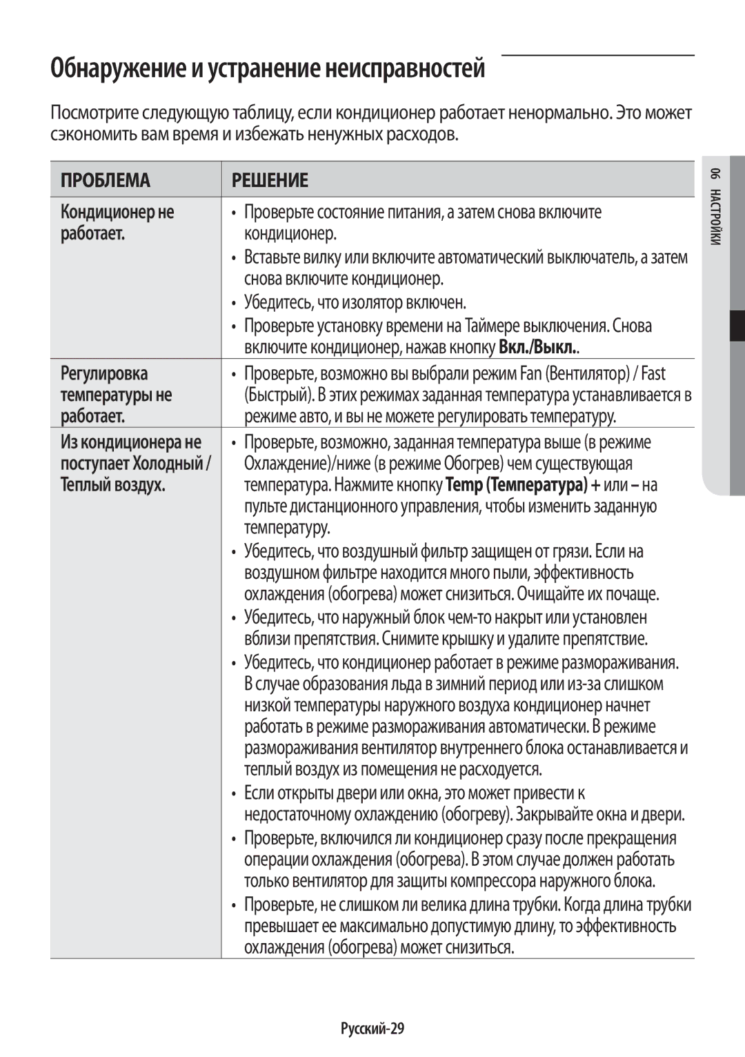 Samsung AR18HSFSRWKNER, AR09HSFNRWKNER, AR24HSFNRWKNER manual Обнаружение и устранение неисправностей, Работает, Регулировка 