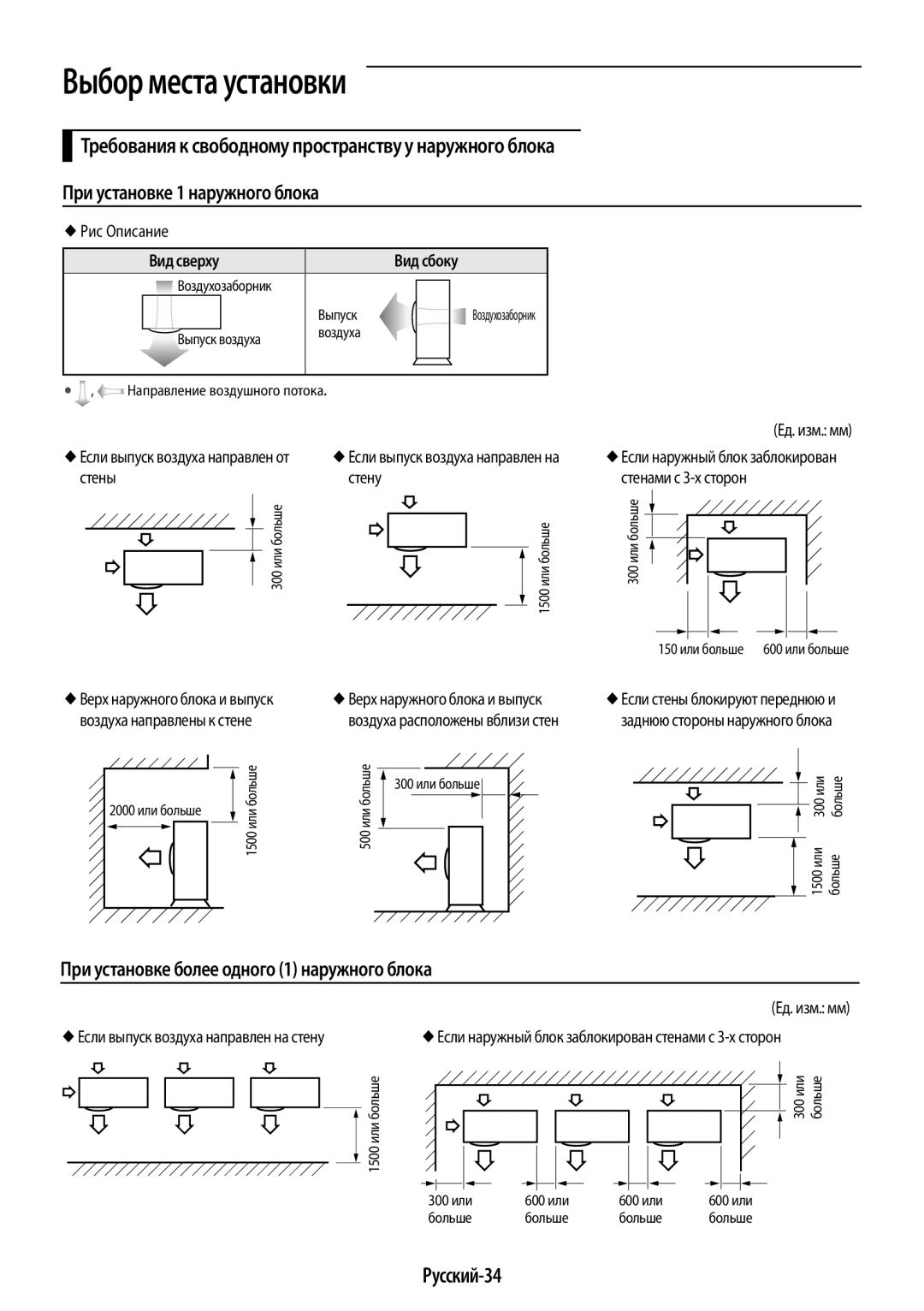 Samsung AR09HSFSRWKNER, AR09HSFNRWKNER manual При установке более одного 1 наружного блока, Русский-34, Вид сверху Вид сбоку 