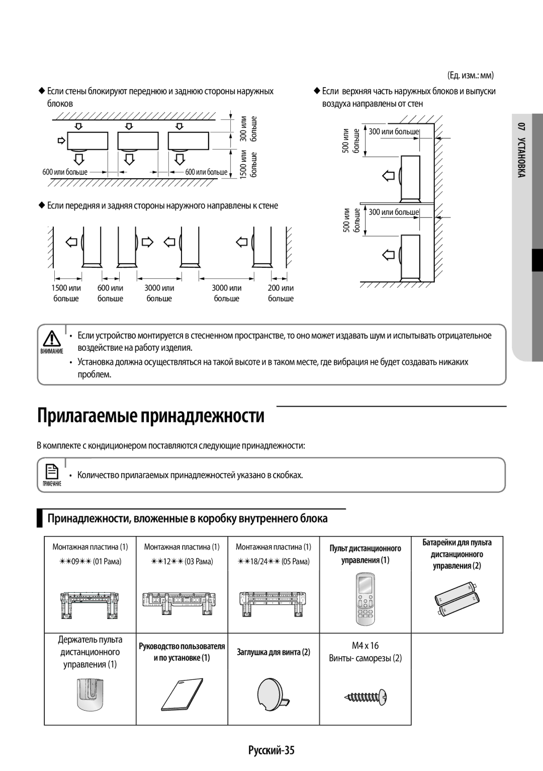 Samsung AR12HSFSRWKNER, AR09HSFNRWKNER manual Ед. изм. мм, Блоков Воздуха направлены от стен, Проблем, M4 x, Русский-35 