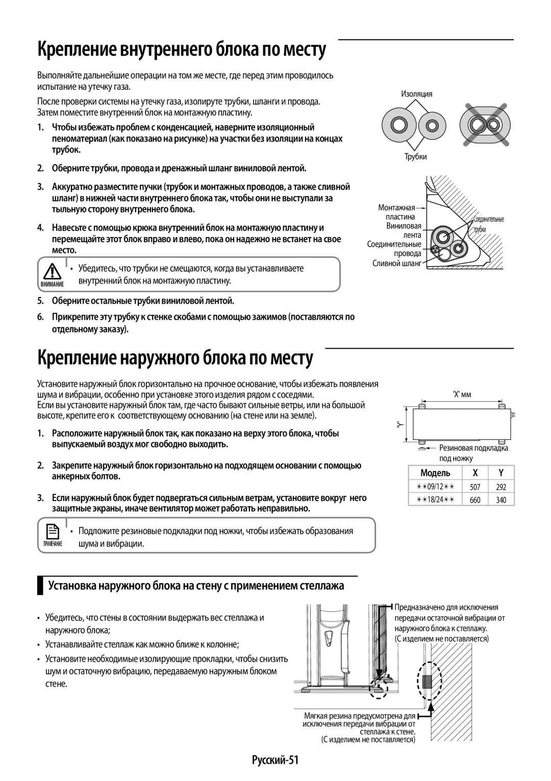 Samsung AR12HSFSRWKNER manual Крепление наружного блока по месту, Русский-51, Выпускаемый воздух мог свободно выходить 