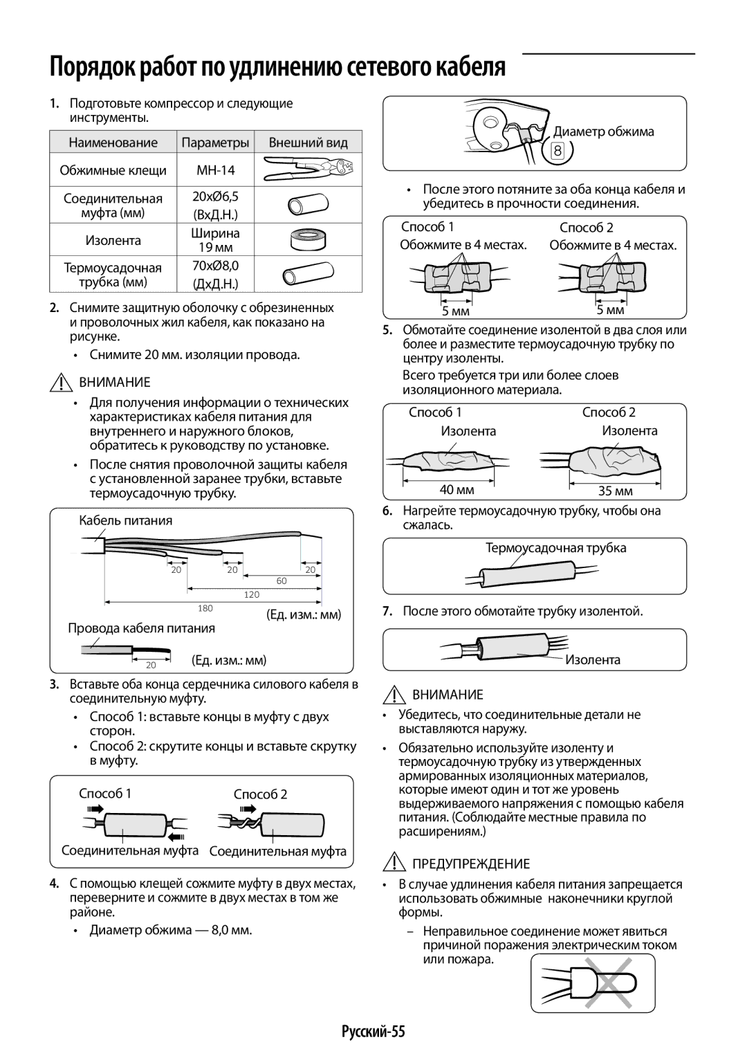 Samsung AR18HSFNRWKNER, AR09HSFNRWKNER, AR24HSFNRWKNER manual Порядок работ по удлинению сетевого кабеля, Русский-55 