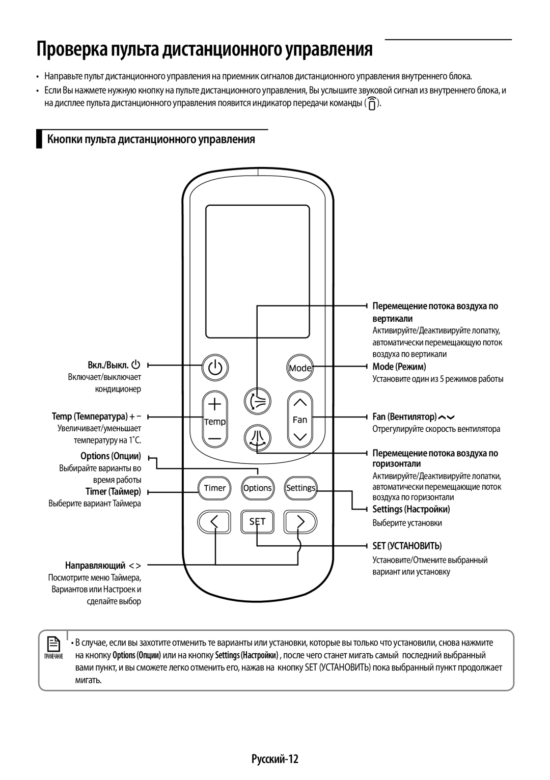 Samsung AR09HSFSRWKNER, AR09HQSDAWKNER, AR12HQSDAWKNER manual Кнопки пульта дистанционного управления, Русский-12 