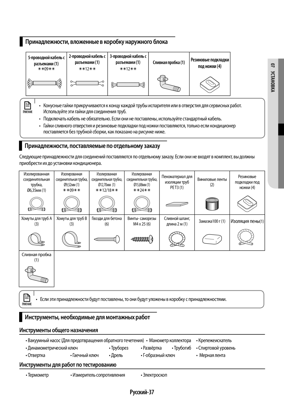 Samsung AR09HQSDAWKNER, AR09HSFSRWKNER, AR12HQSDAWKNER manual Принадлежности, вложенные в коробку наружного блока, Русский-37 