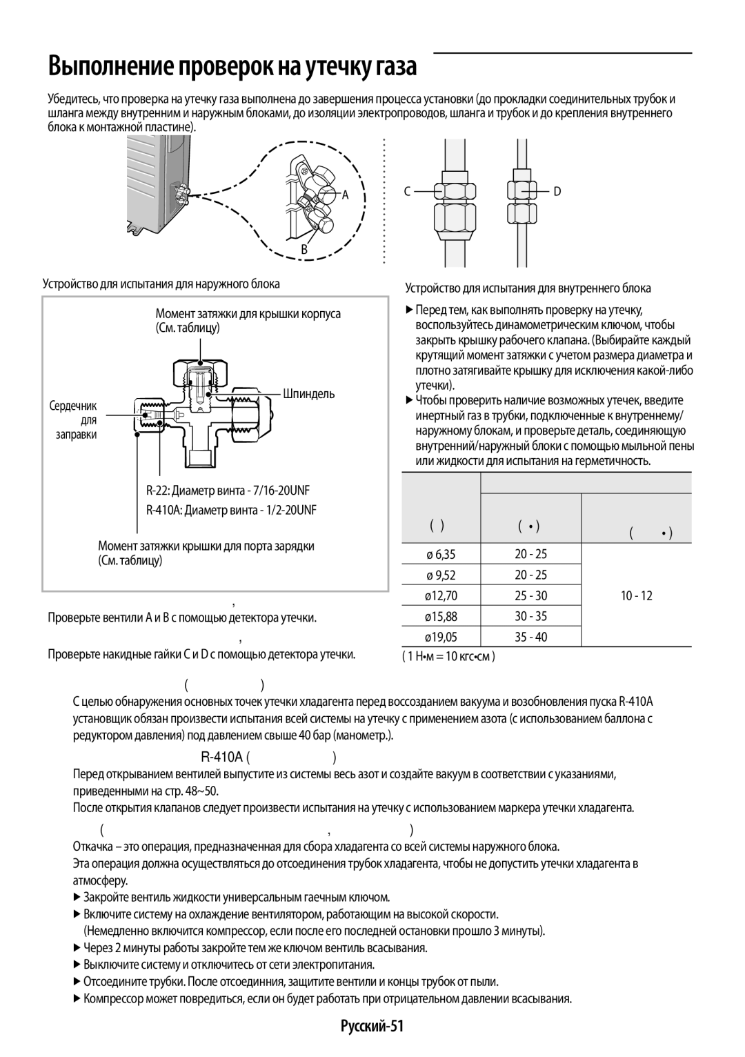 Samsung AR09HSFSRWKNER, AR09HQSDAWKNER, AR12HQSDAWKNER manual Выполнение проверок на утечку газа, Русский-51 