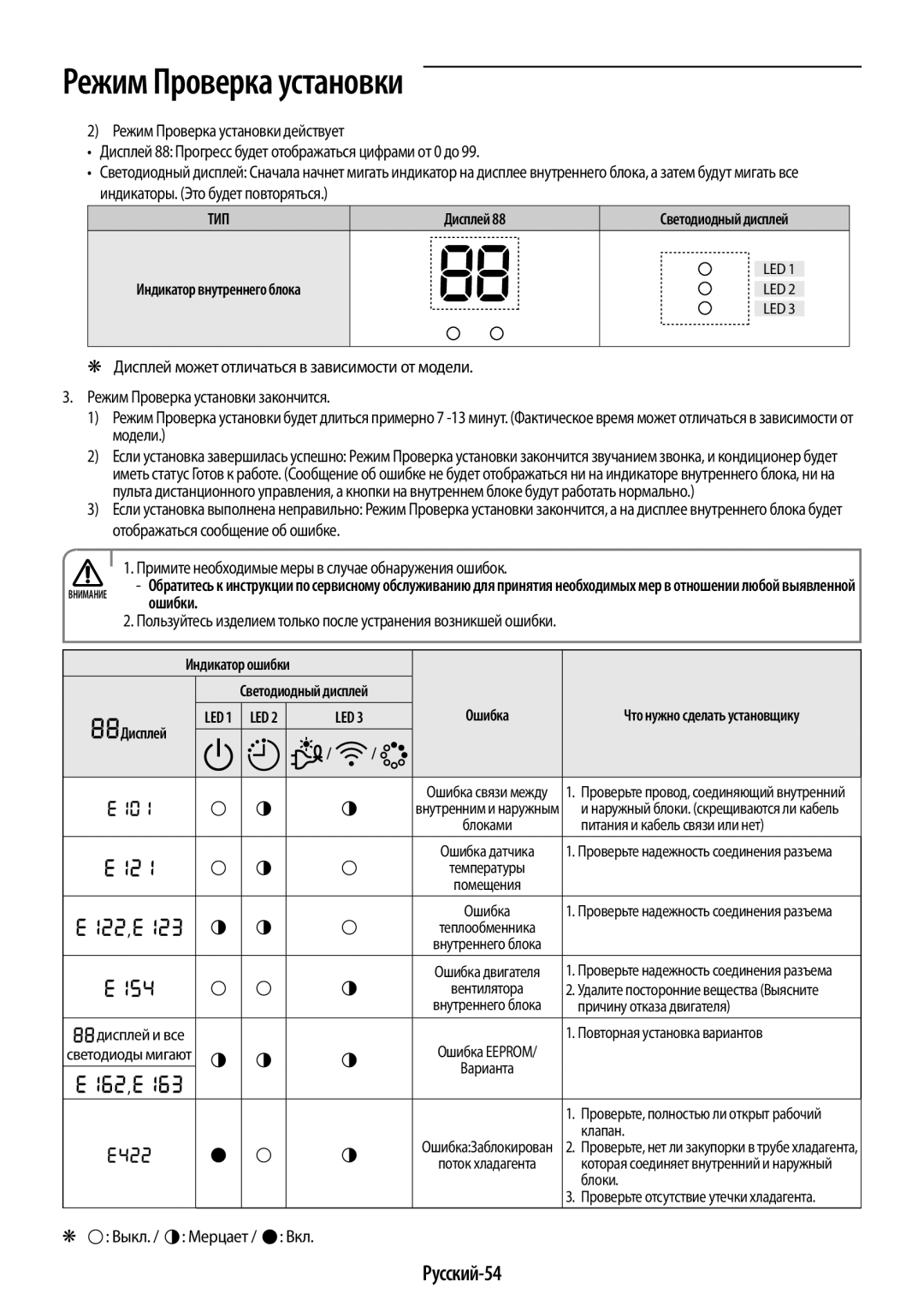 Samsung AR09HSFSRWKNER, AR09HQSDAWKNER, AR12HQSDAWKNER manual Русский-54, Выкл, Дисплей 