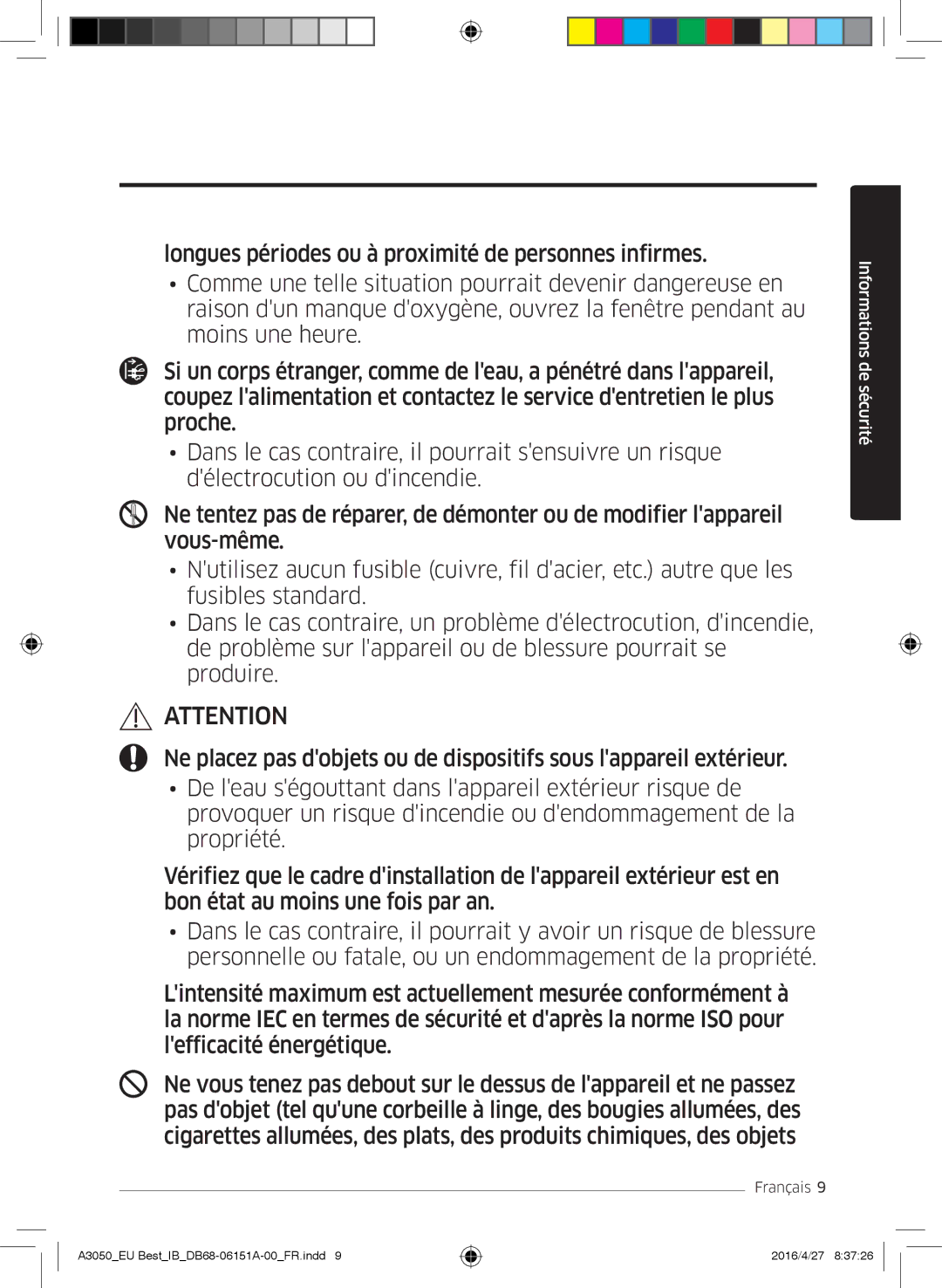 Samsung AR09JSPFAWKNEU, AR09HSSFAWKNEU, AR12HSSFAWKNEU, AR12JSPFAWKNEU manual Informations de sécurité 