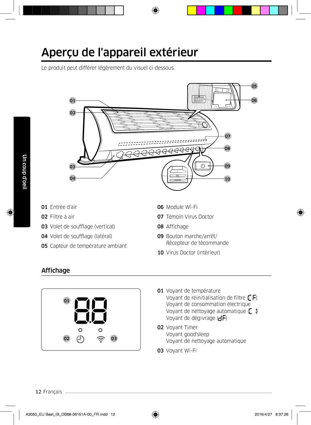 Samsung AR12HSSFAWKNEU, AR09HSSFAWKNEU, AR09JSPFAWKNEU, AR12JSPFAWKNEU manual Aperçu de lappareil extérieur, Affichage 